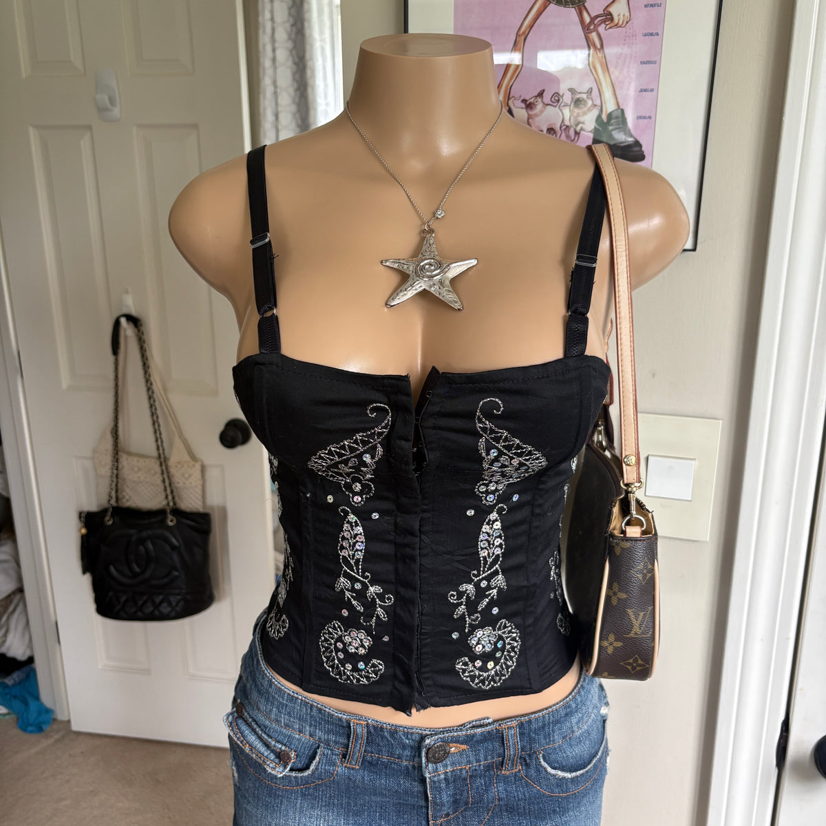 00s black paisley sequin corset tank top (size S)