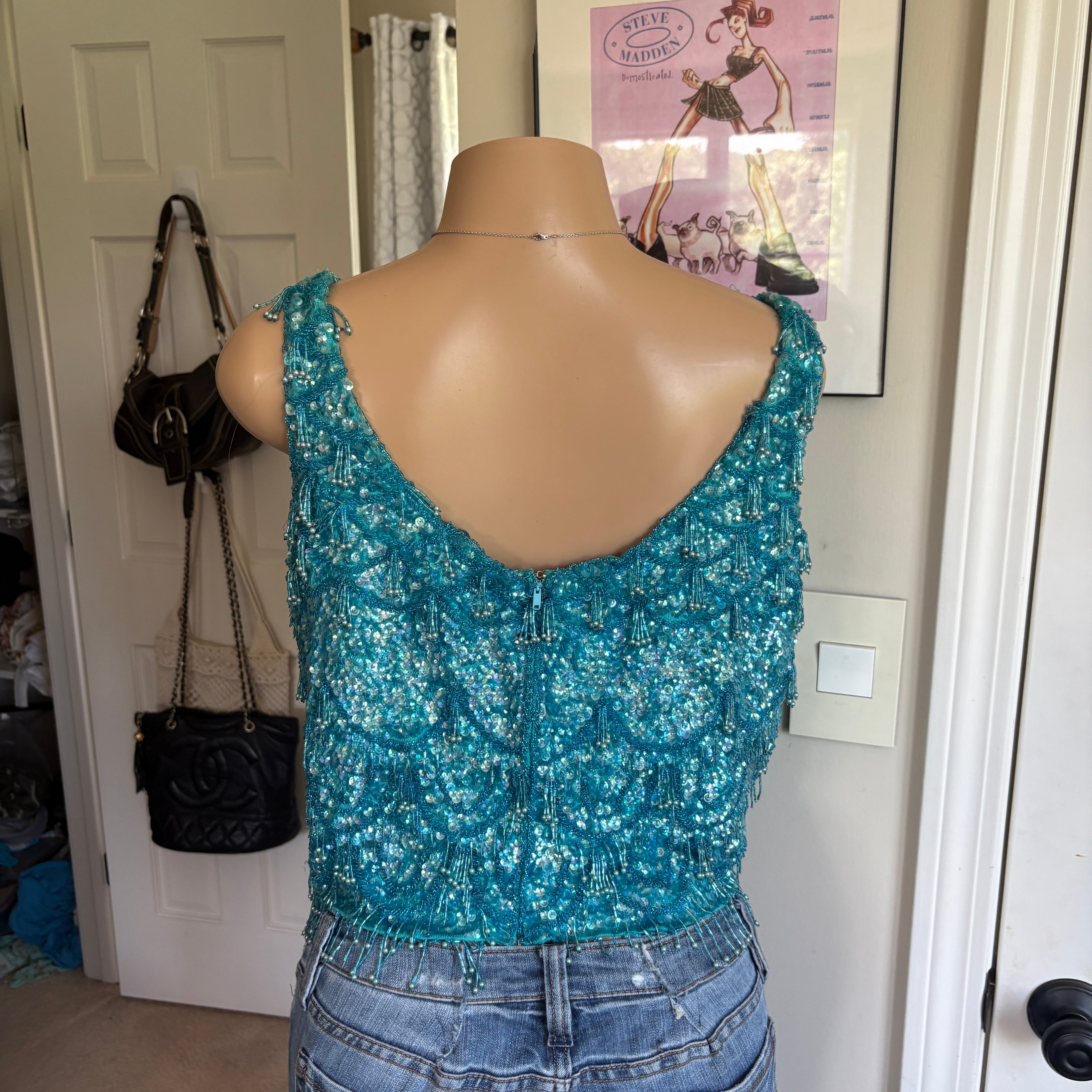 00s blue mermaid beaded tank top (size L)