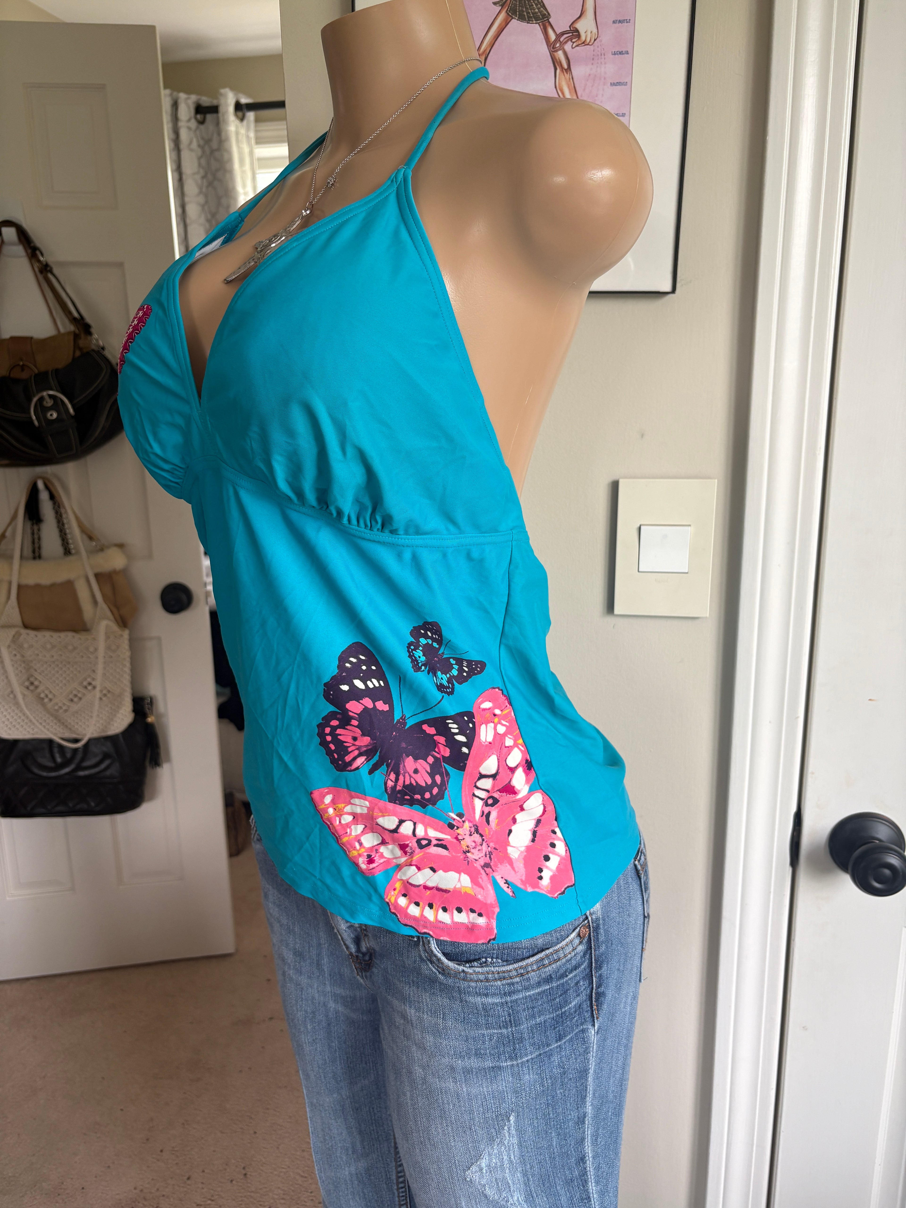 00s blue butterfly halter top (size M)