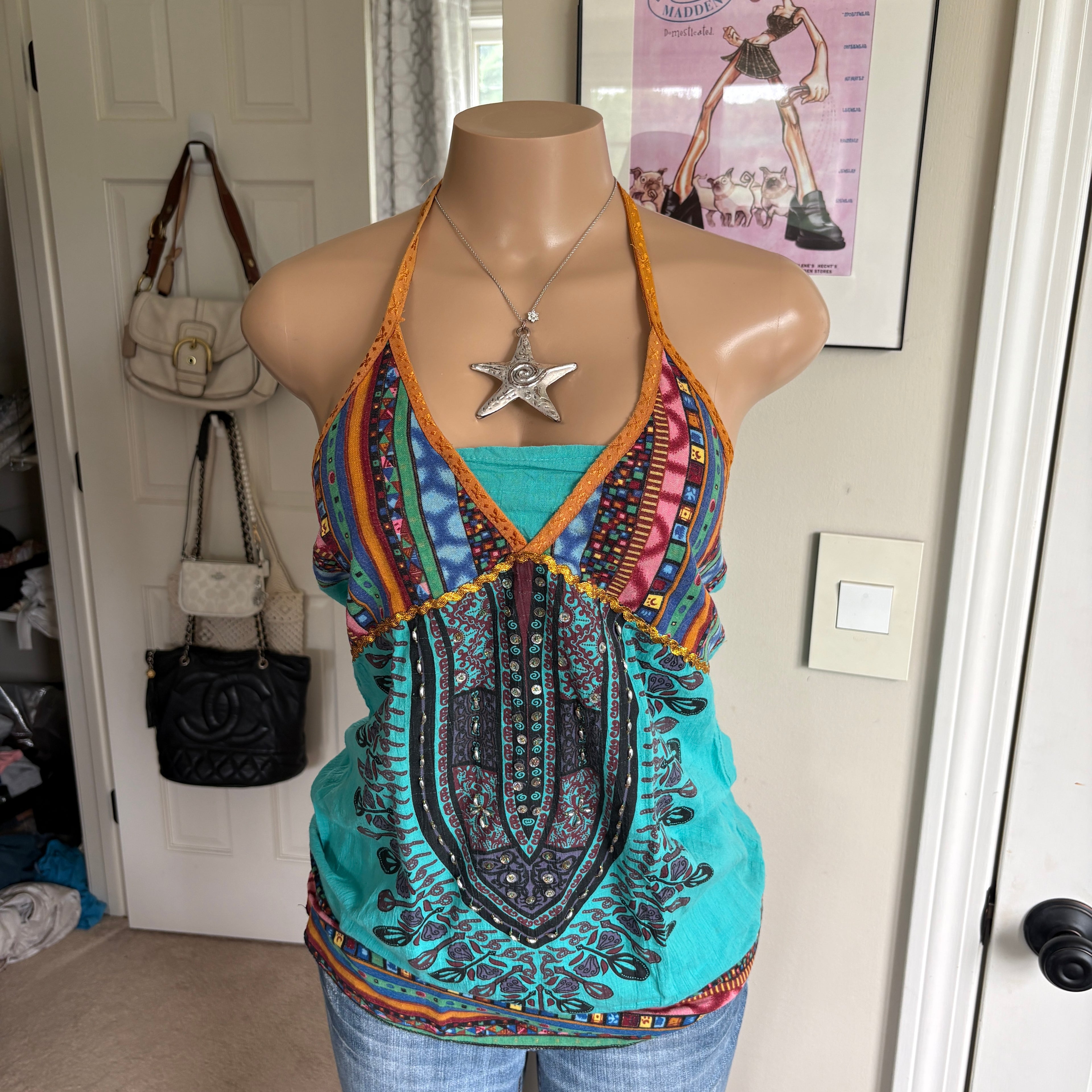00s turquoise boho beaded halter top (size S)