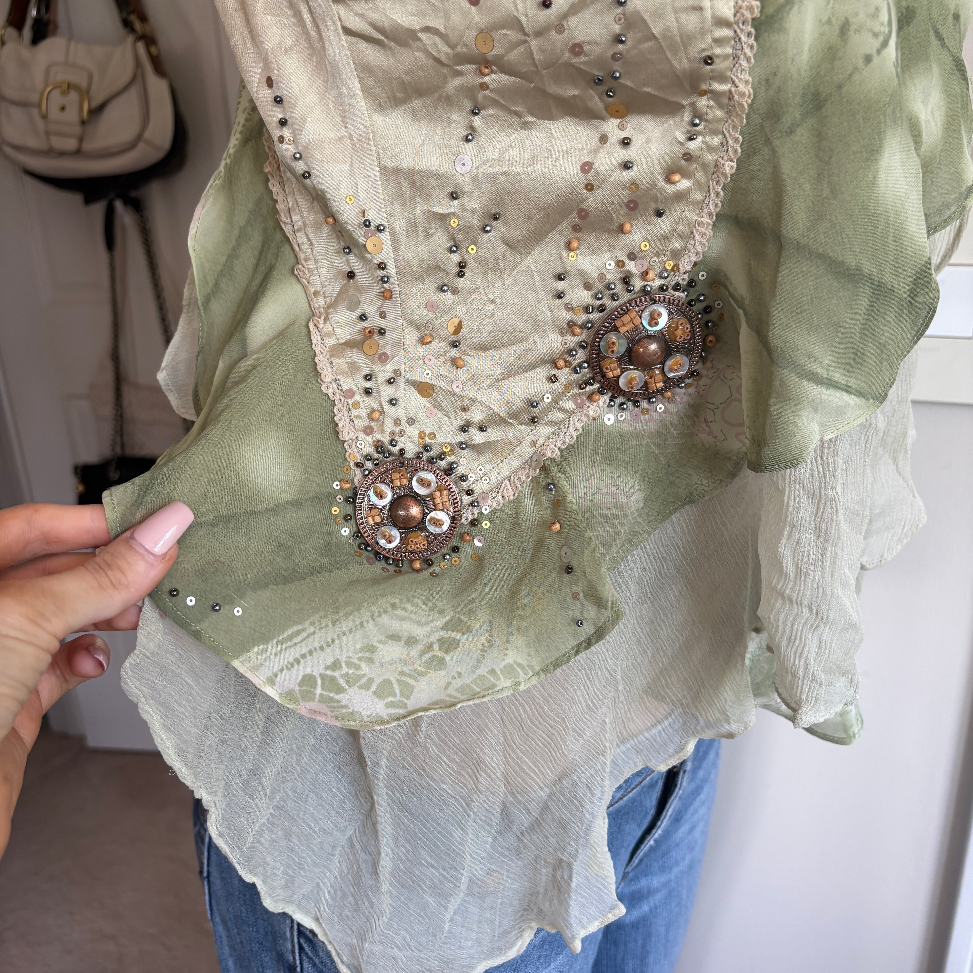 00s green beaded medallion tank top (size M)