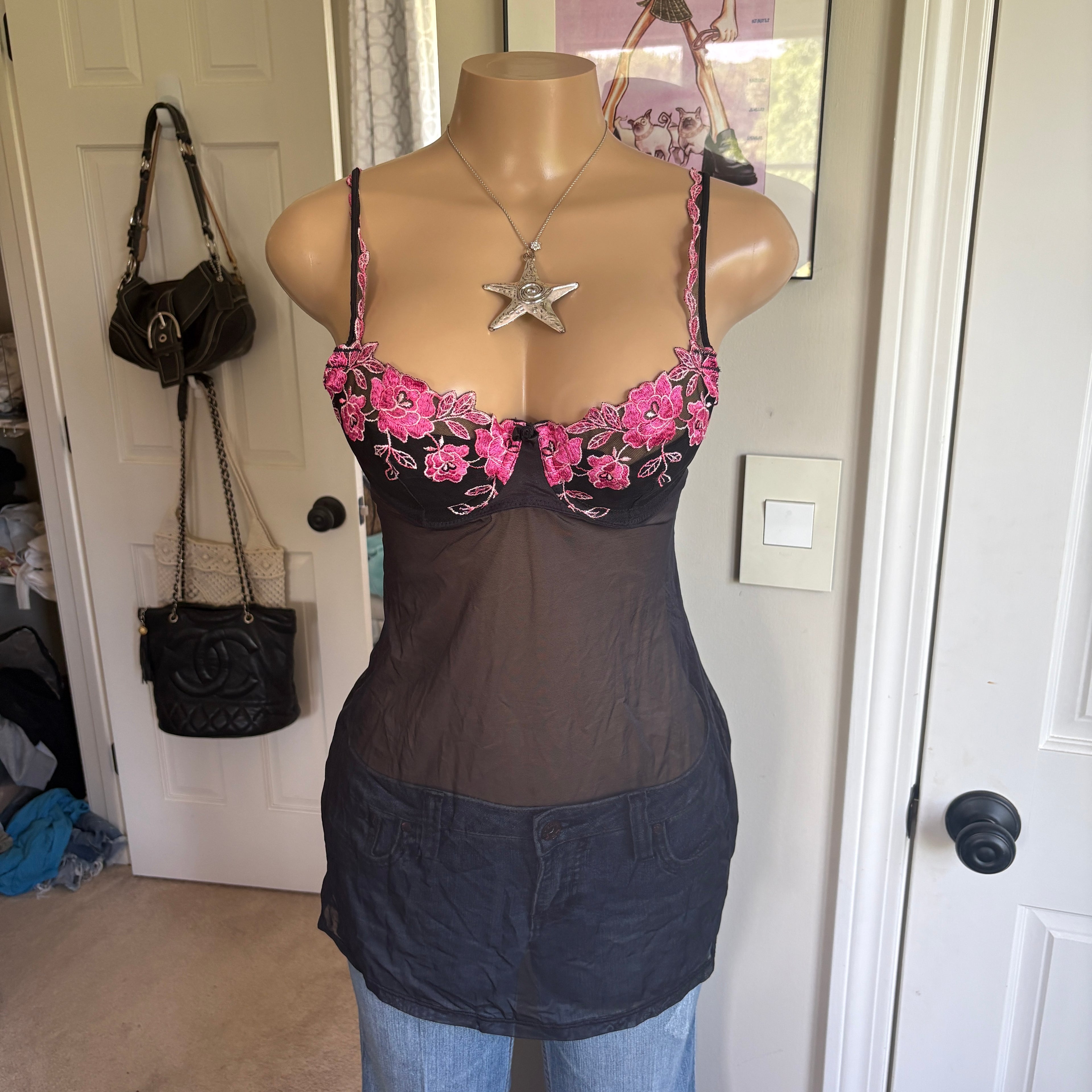 00s Victoria's Secret black & pink floral bustier top (size 34C)