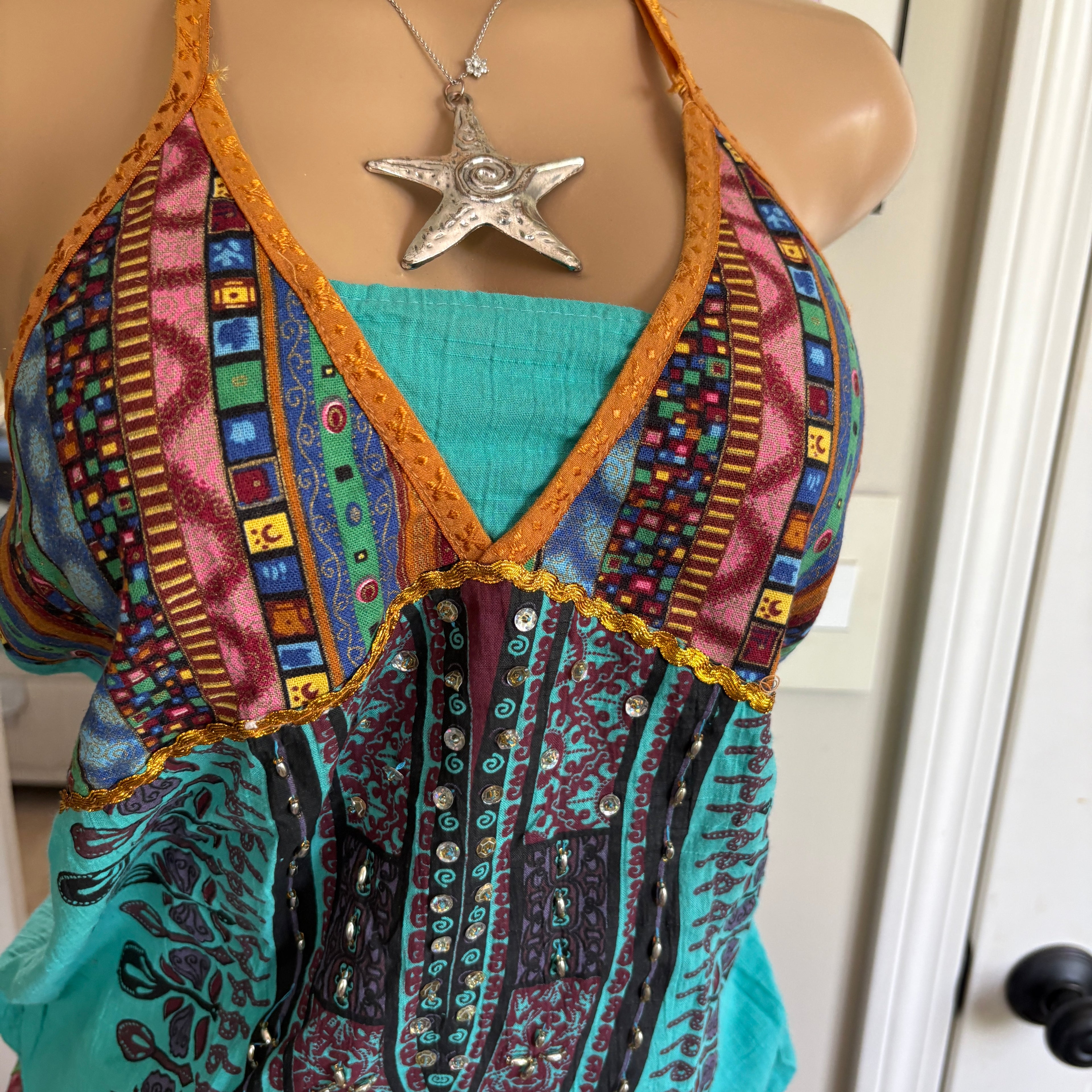 00s multi colored boho turquoise halter top (size M)