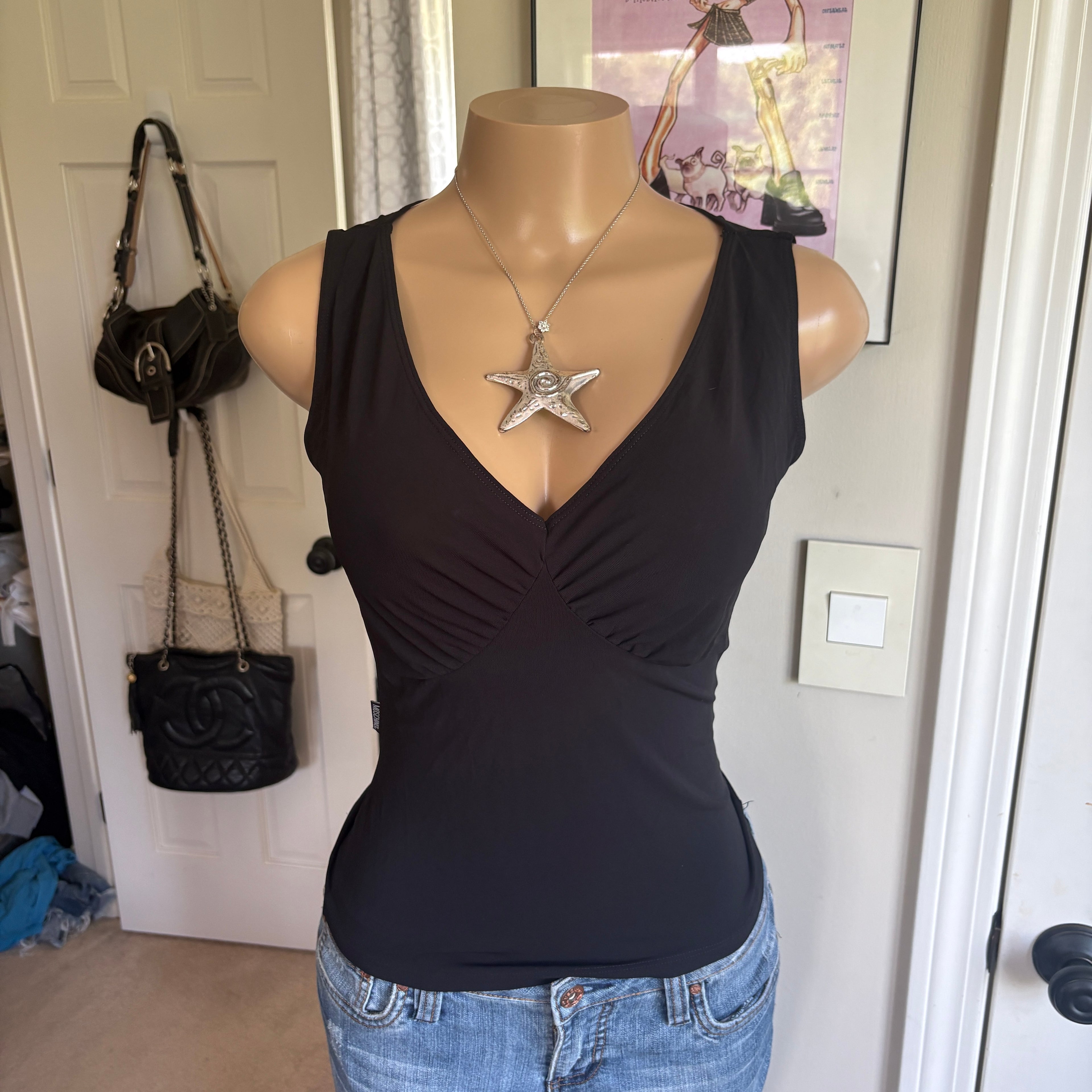 00s Moschino black v neck tank top (size M)