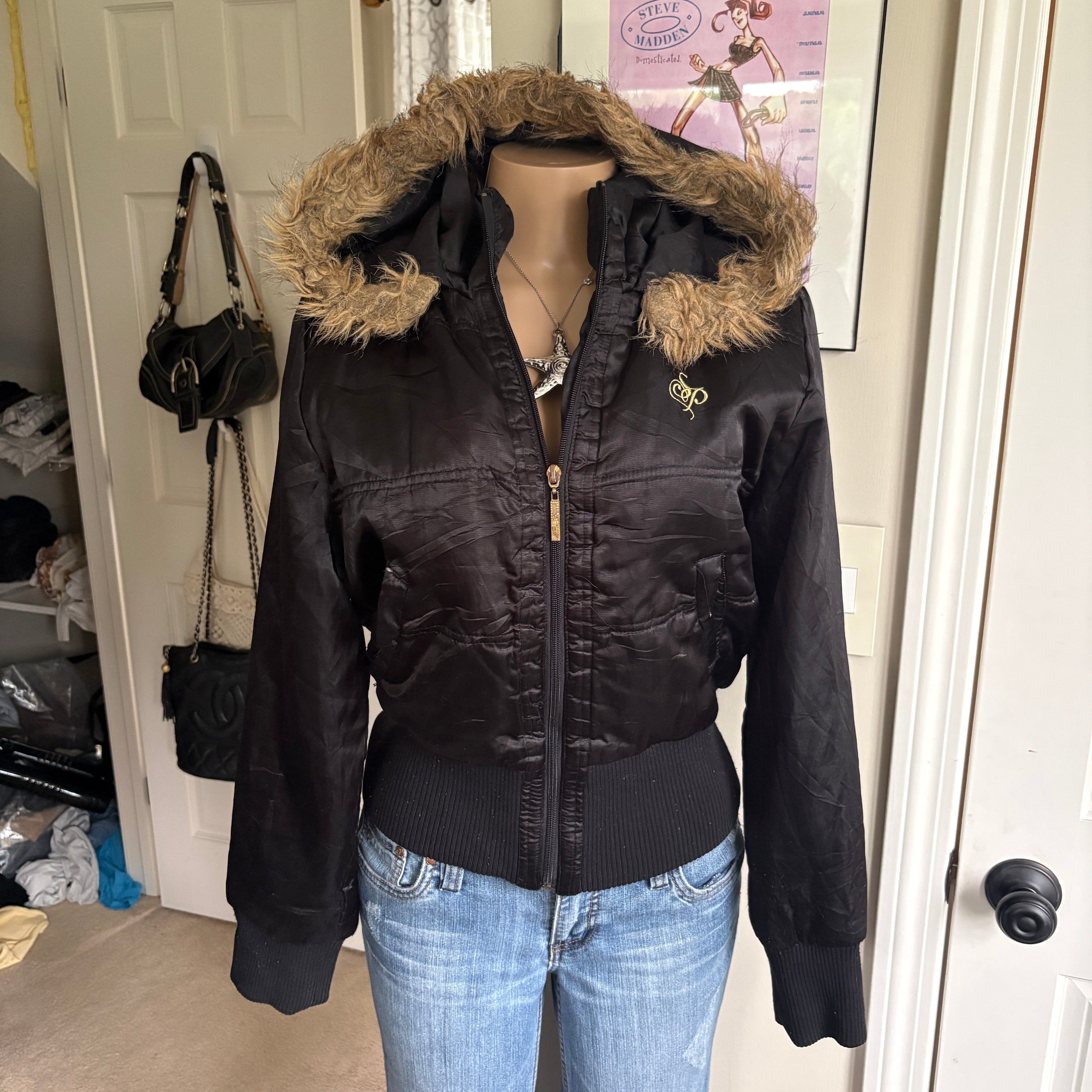 00s Southpole black faux fur hood jacket (size XL)