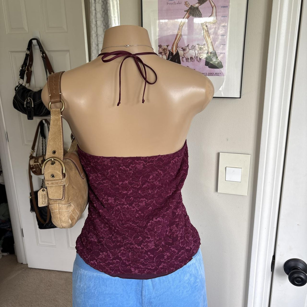 y2k 2000s burgundy lace plunging halter top