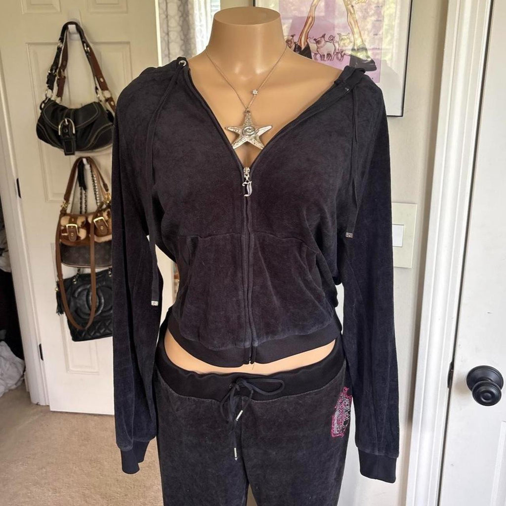 Y2K 2000s Juicy Couture Black Velour Rhinestone Tracksuit Set