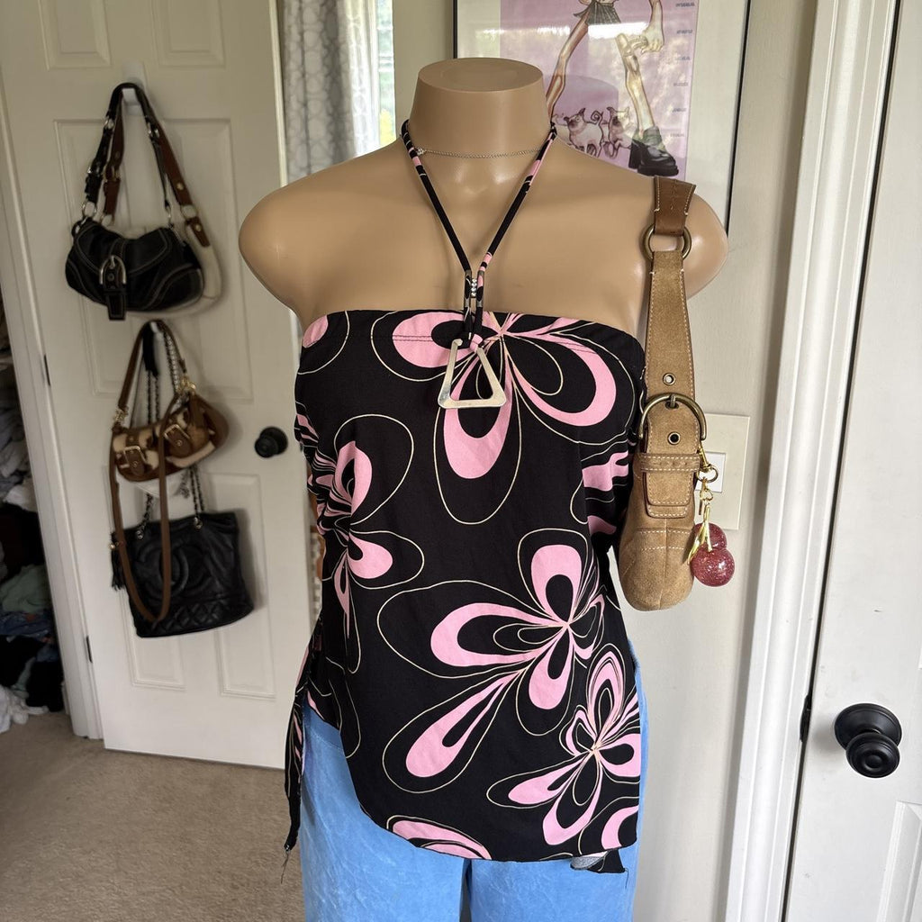 y2k 2000s black pink retro floral halter top