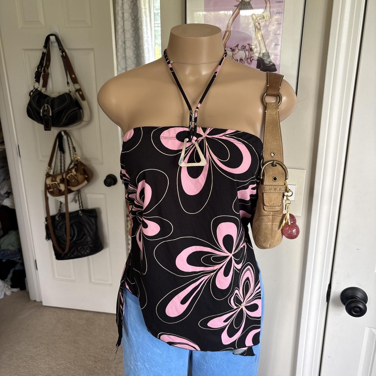 y2k 2000s black pink retro floral halter top