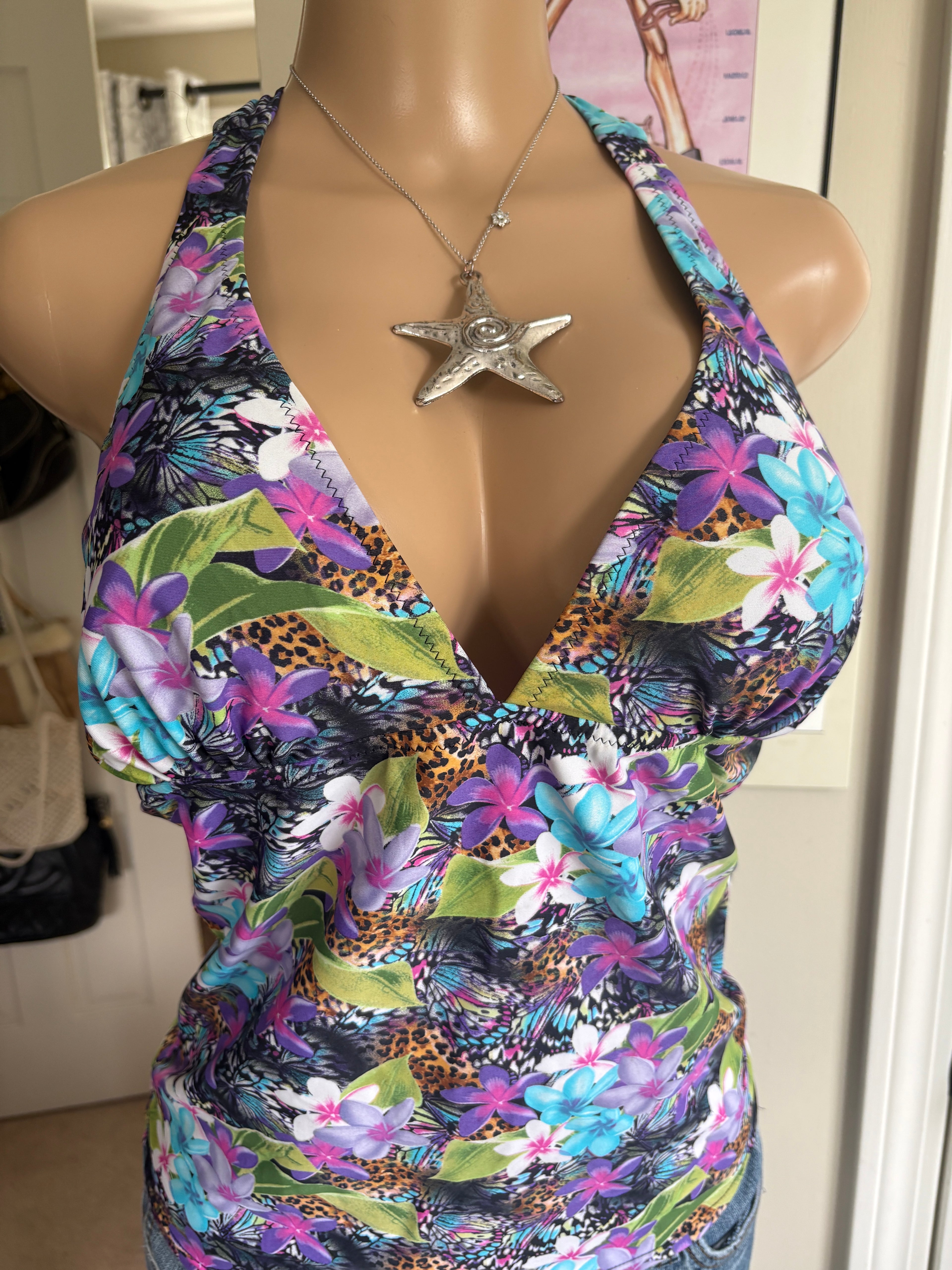 00s floral v neck halter top (size L)