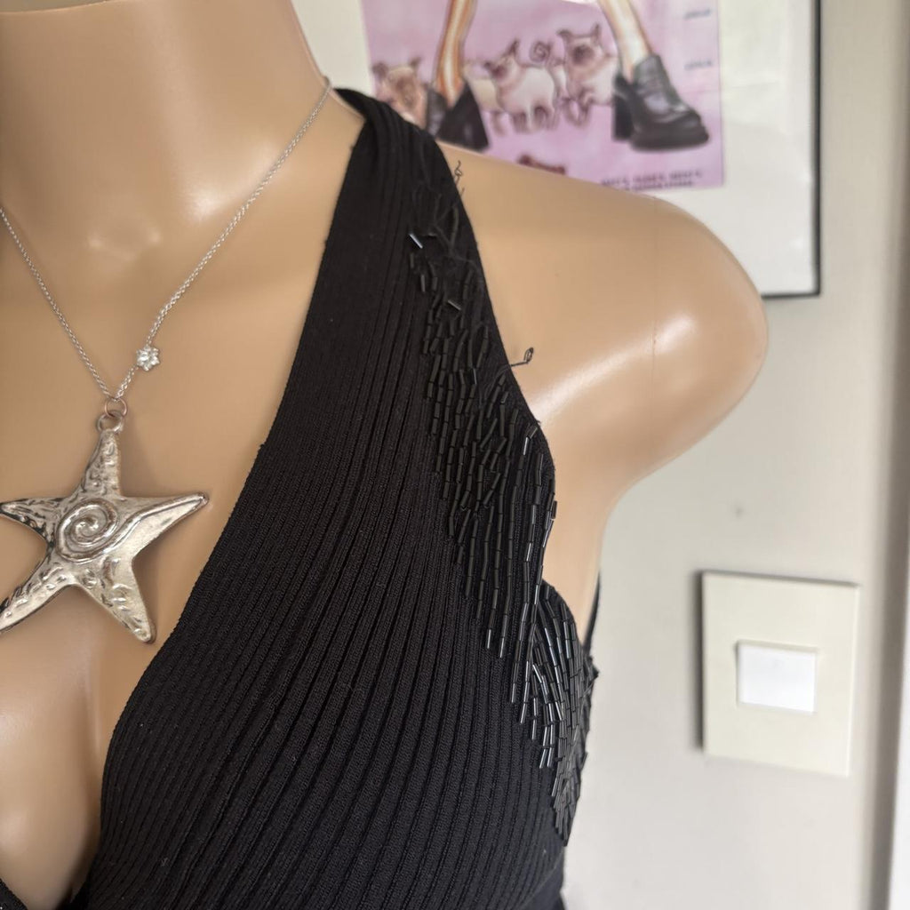 y2k 2000s Cache grunge silk black deep v surplice beaded tank top