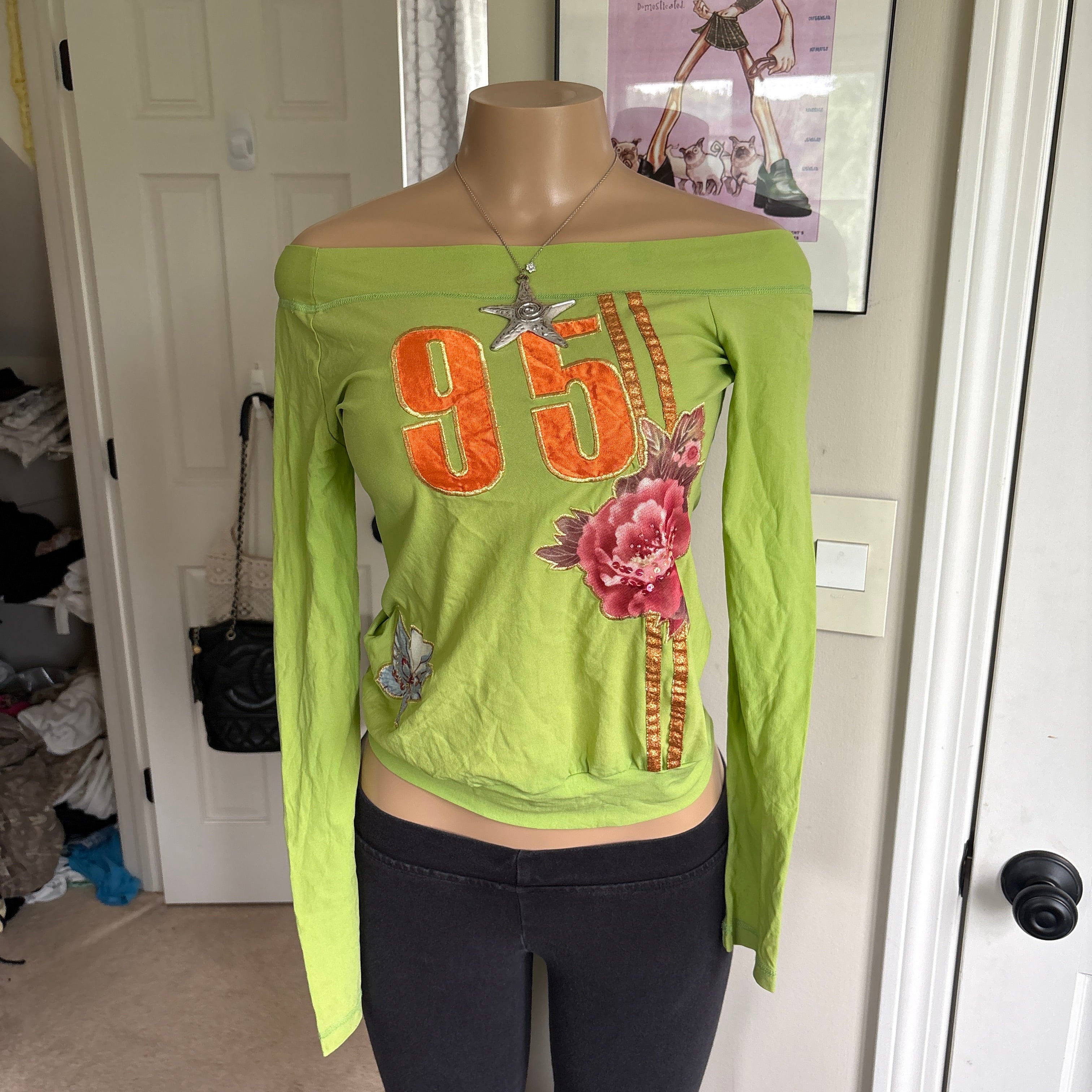 00s colorful green floral letterman off shoulder top (size S/M)