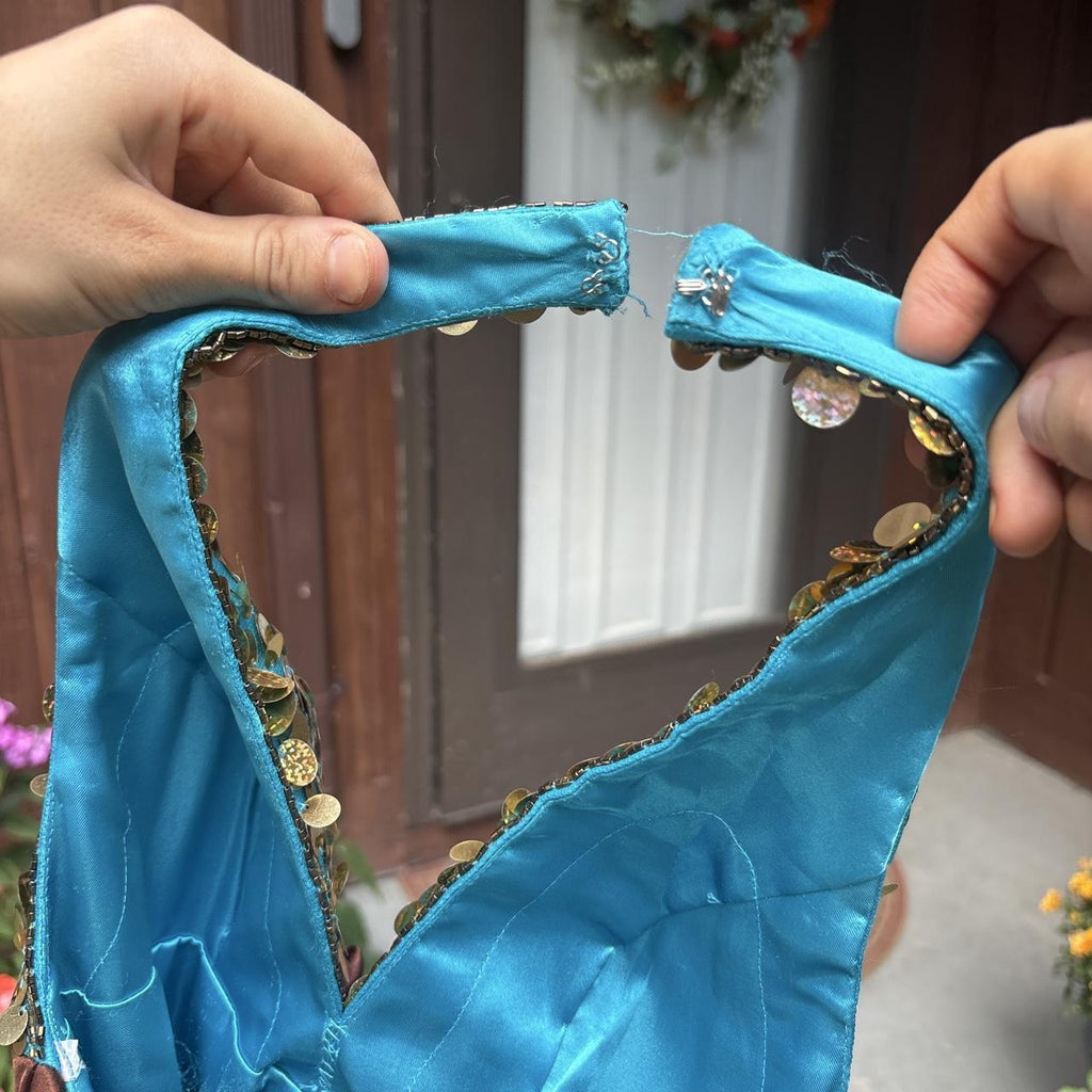 Y2K vintage Night Moves Turquoise Gold Sequin Cutout Maxi Prom Dress