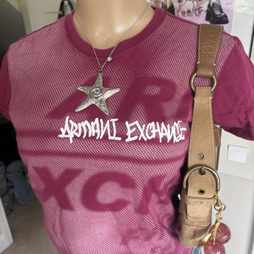 Y2K 2000s Armani Exchange Pink Mesh Graphic Baby Tee