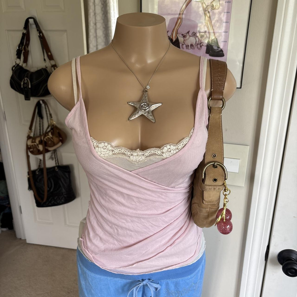 y2k 2000s Express baby pink layered lace cami top