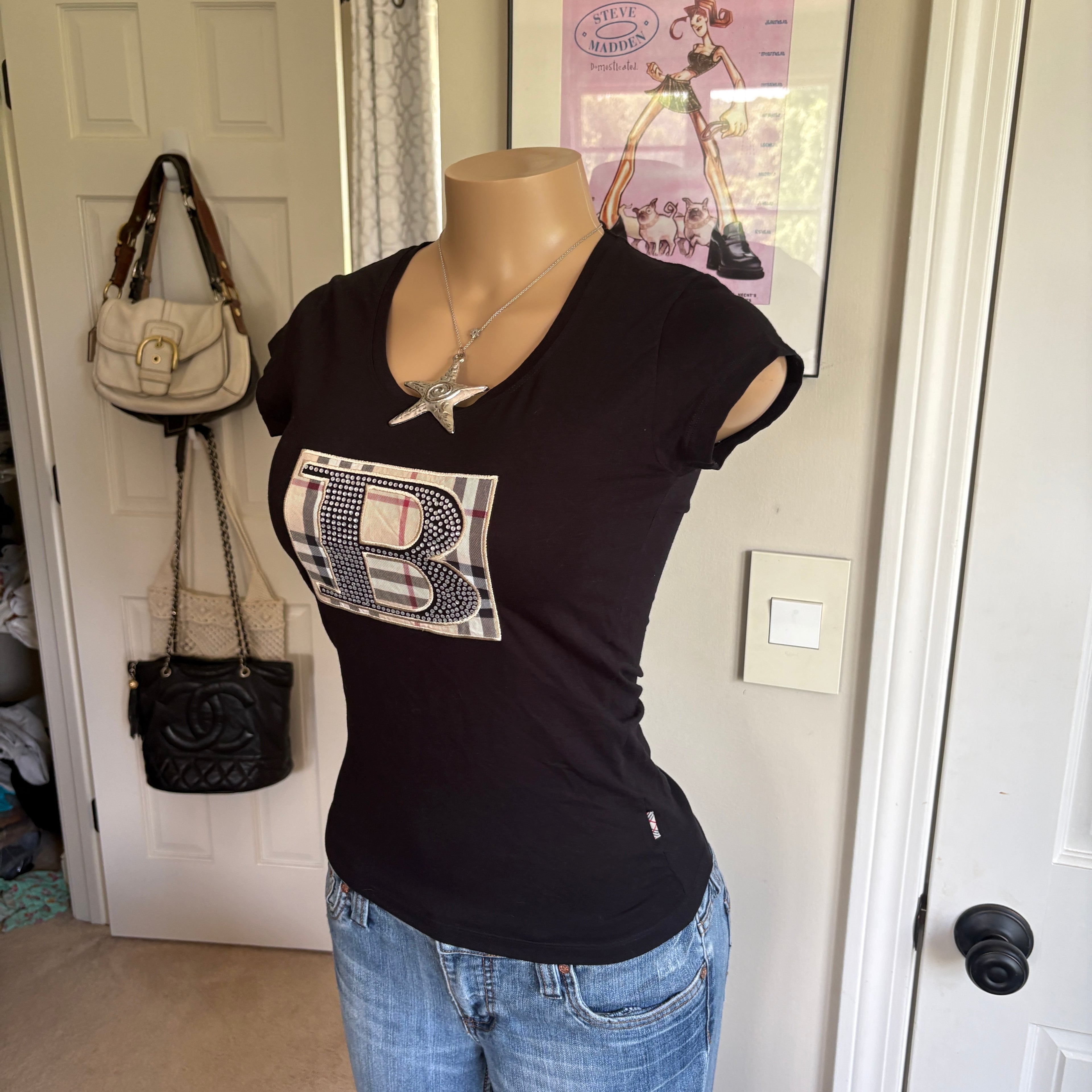 00s Burberry logo black short sleeve top (size S)