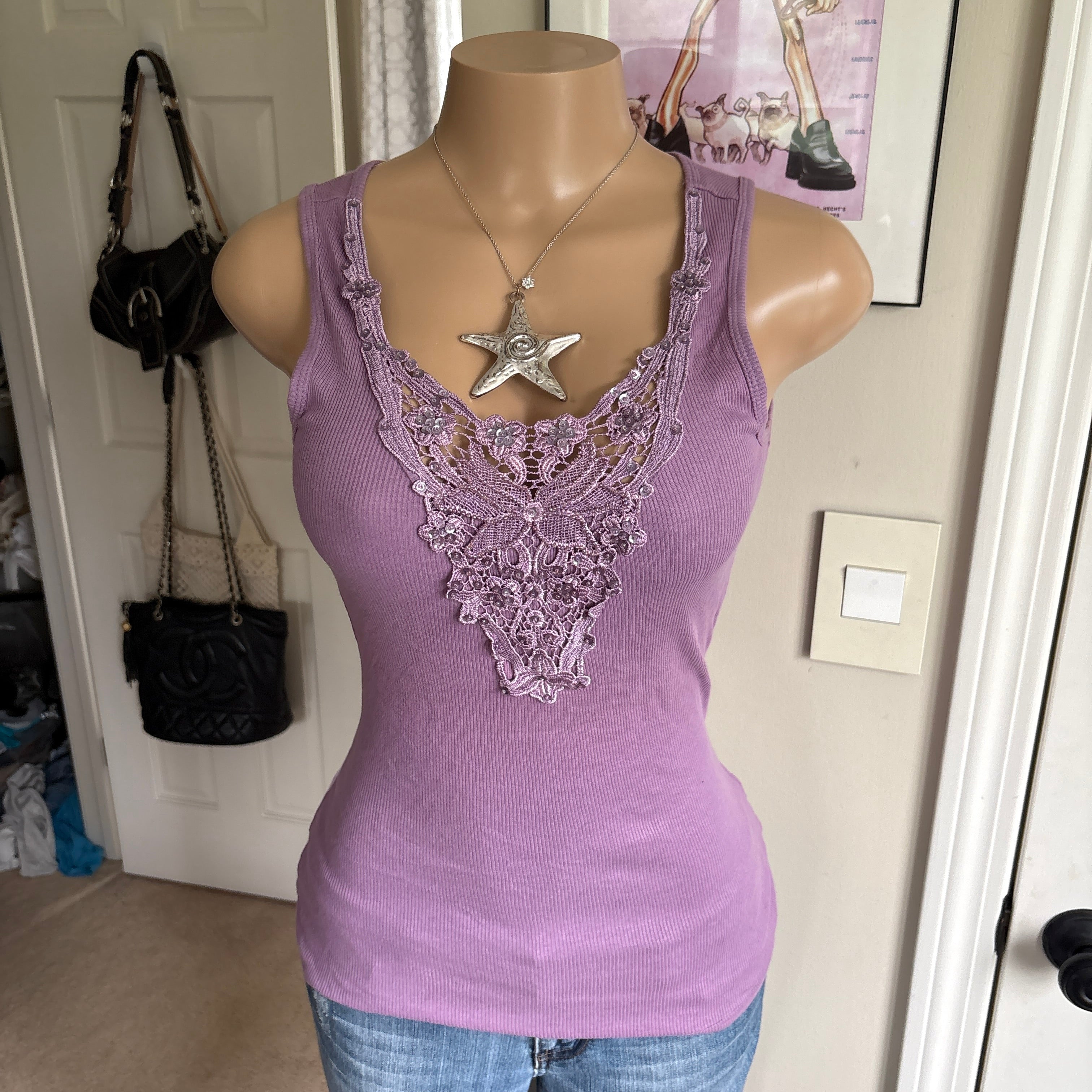00s purple lace floral cotton tank top (size S)