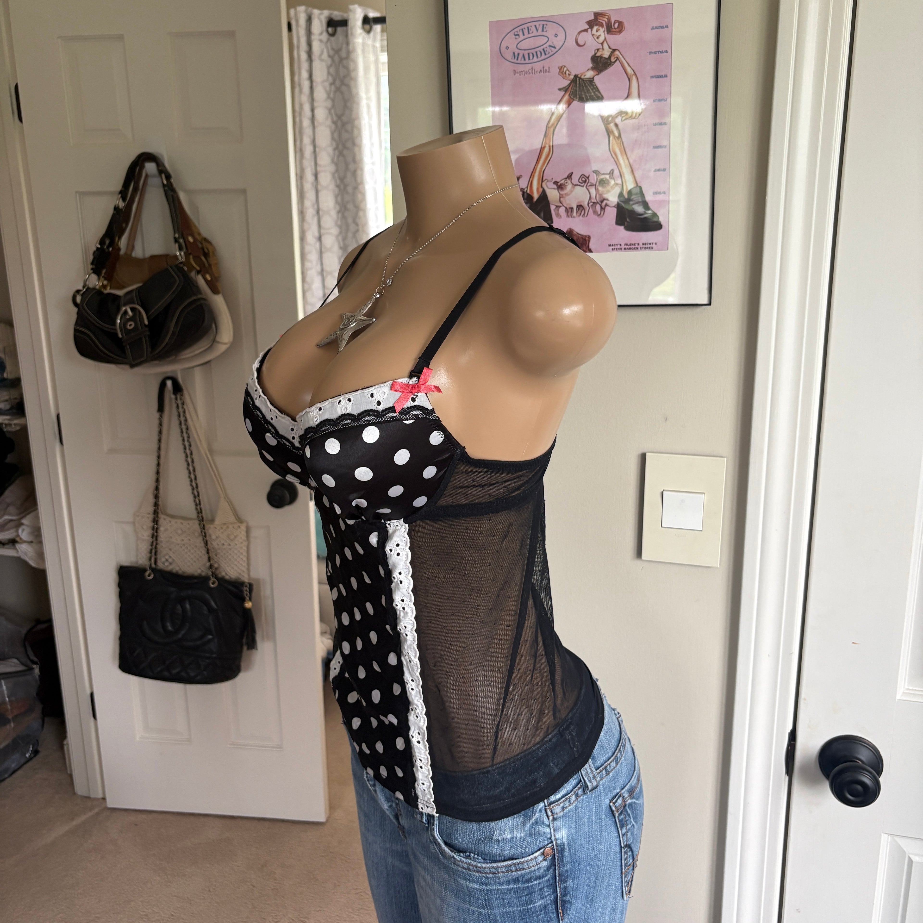00s black & white polka dot bustier corset top (size 36)