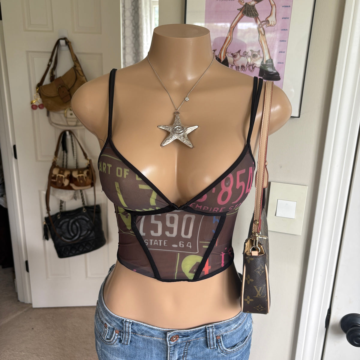 00s black graphic corset tank top (size XS)