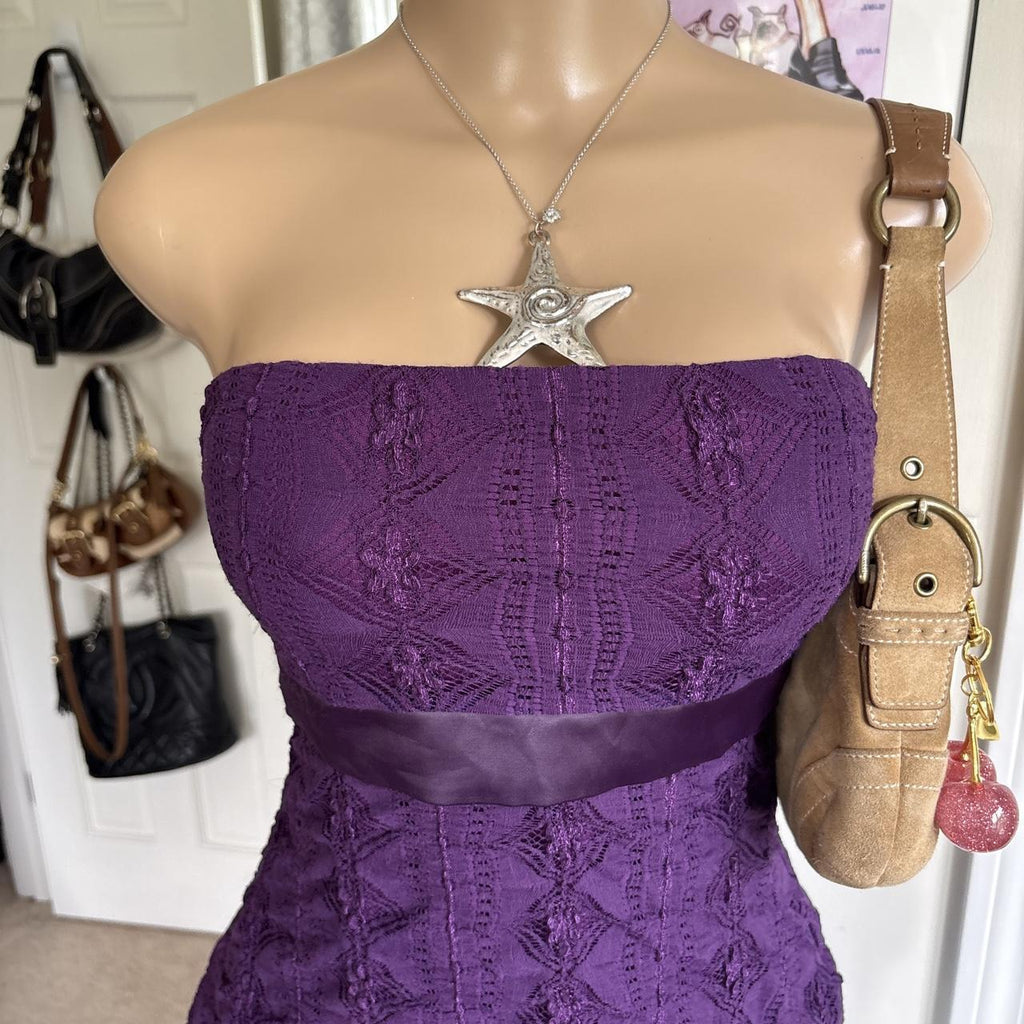 y2k 2000s fairy purple lace strapless babydoll tie back top