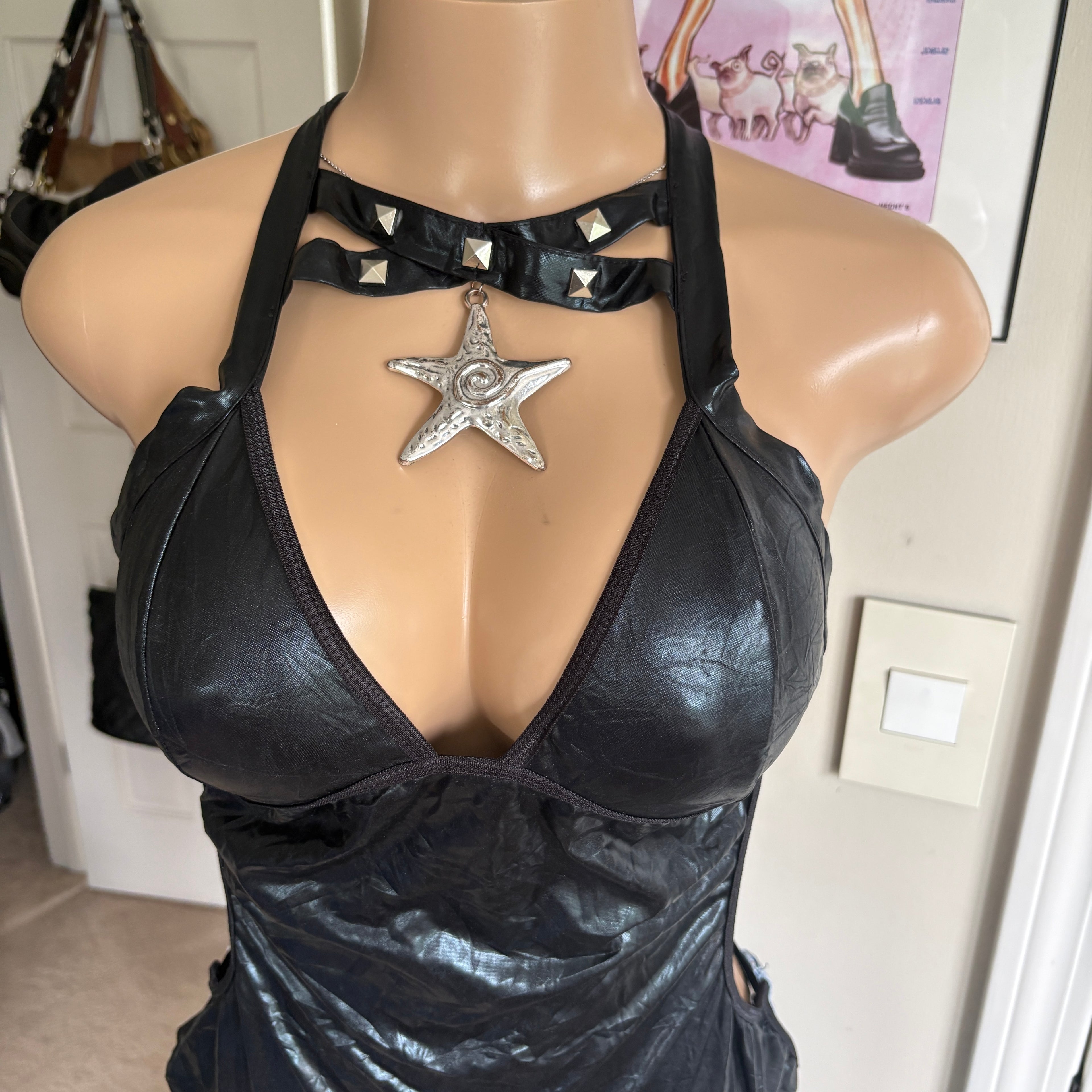 00s studded black latex open back top (size M)