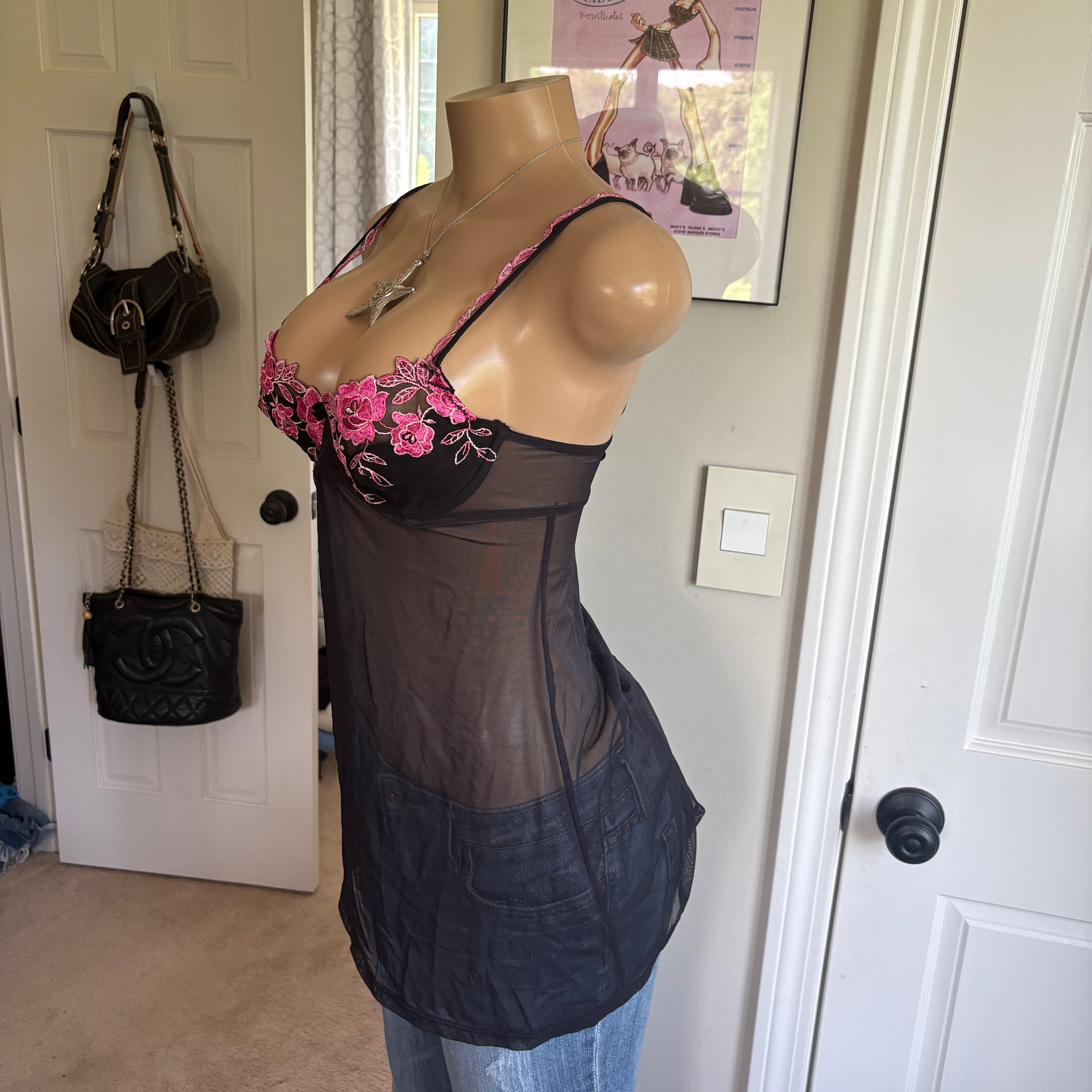 00s Victoria's Secret black & pink floral bustier top (size 34C)