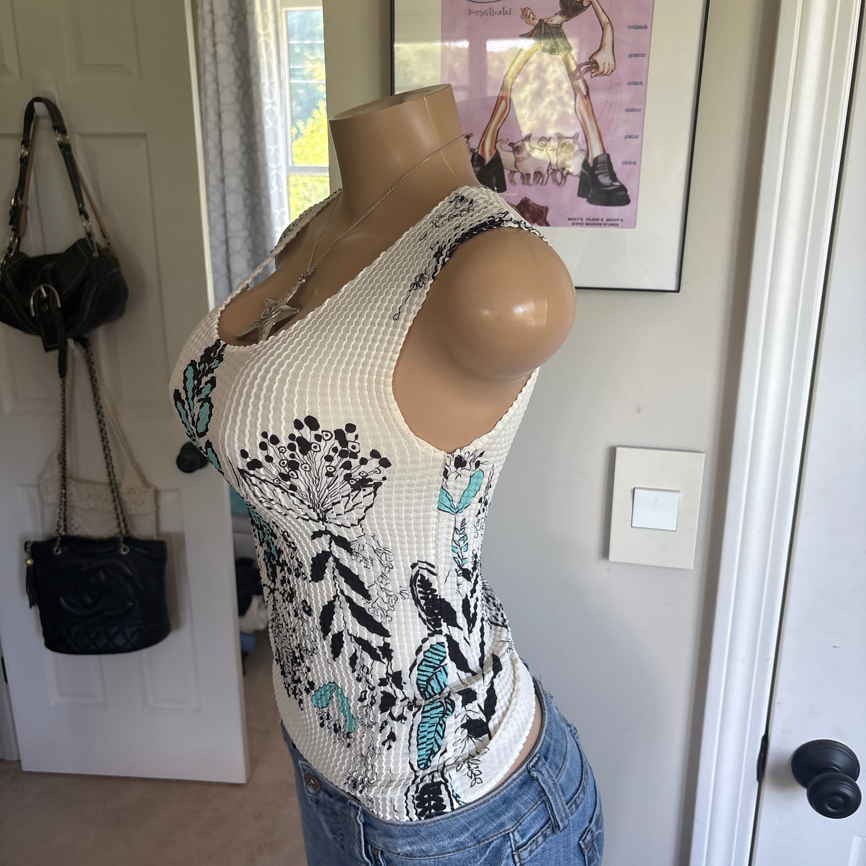 00s white & teal floral tank top (size S)