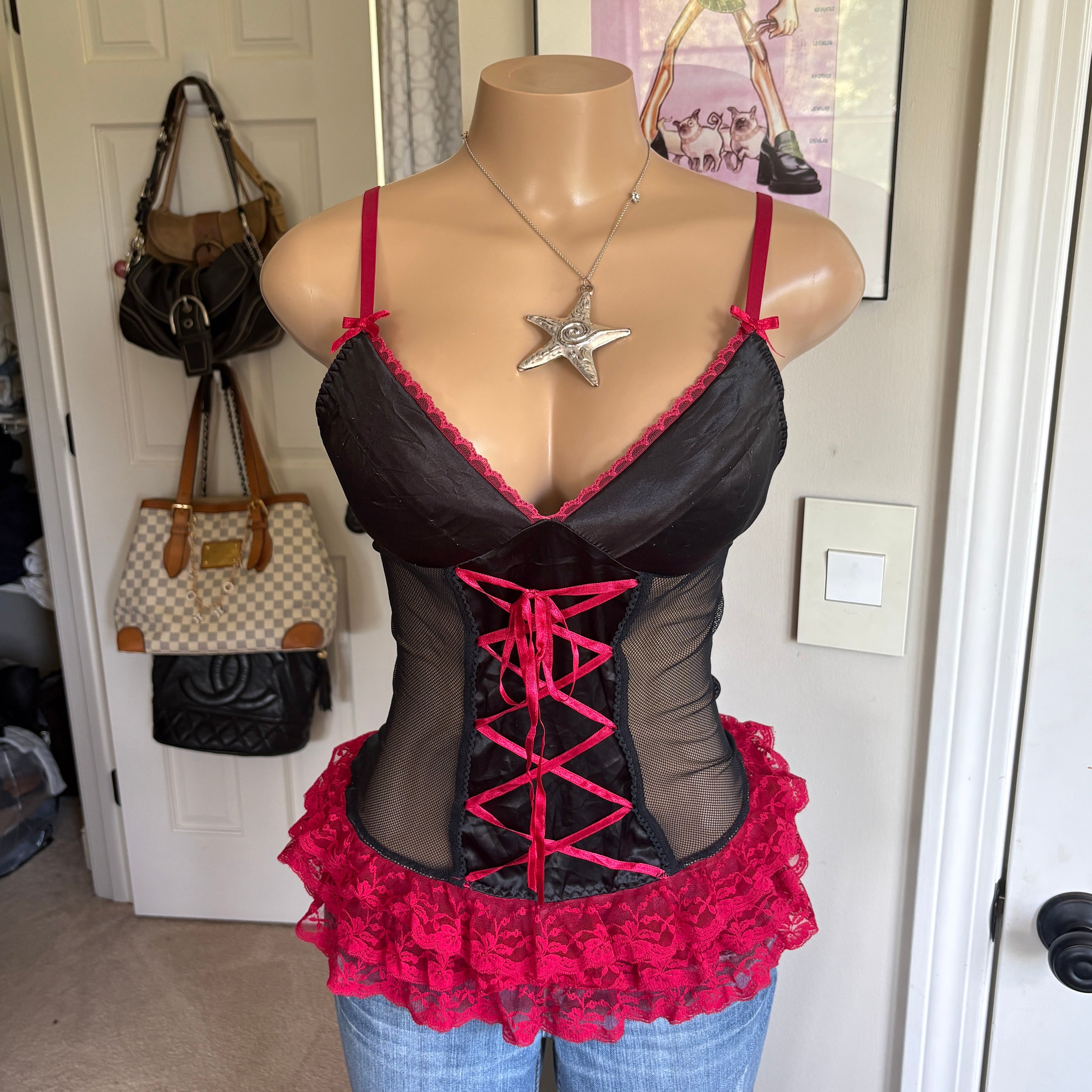 00s black and red lace up lingerie top (size M)