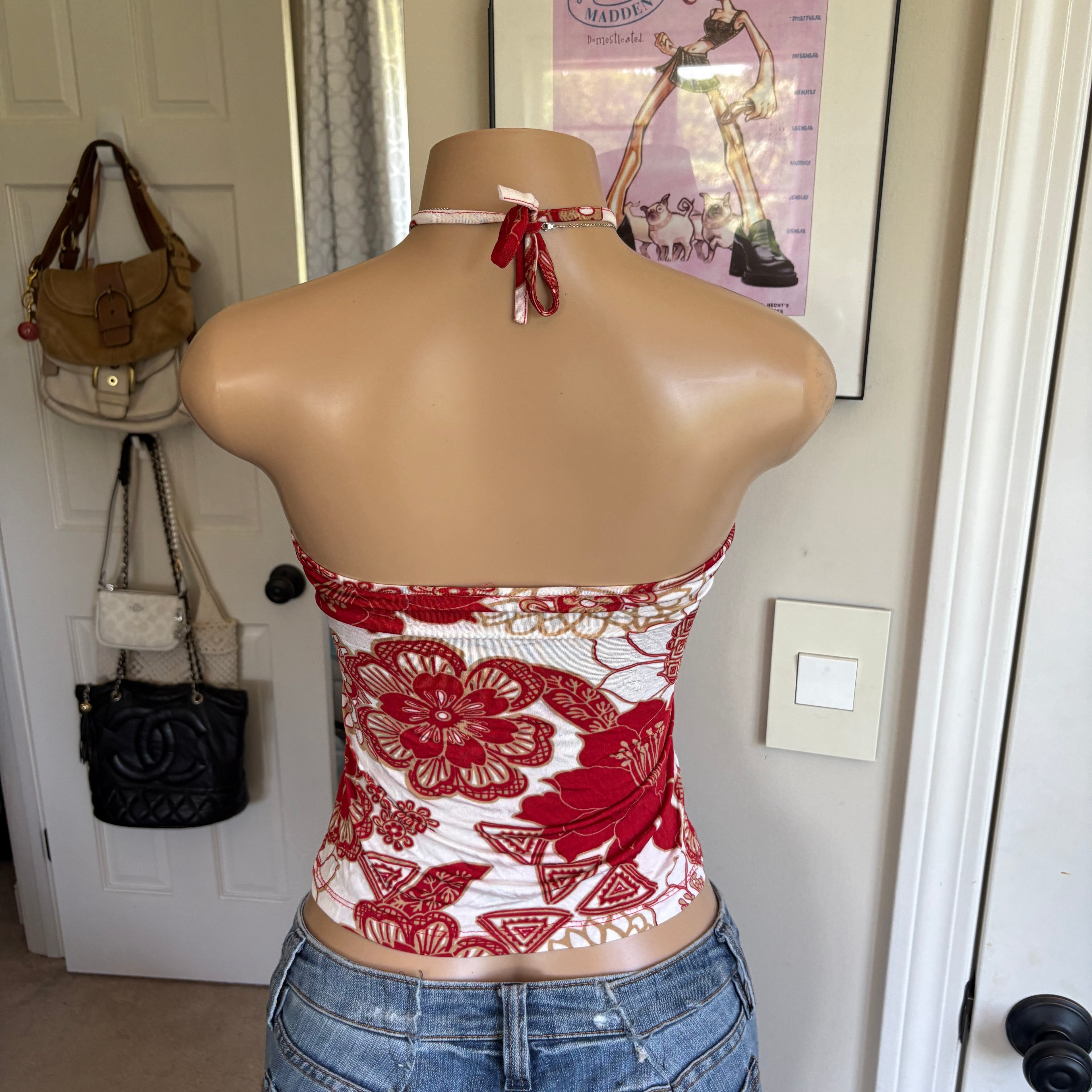 00s red & white floral halter top (size S/M)