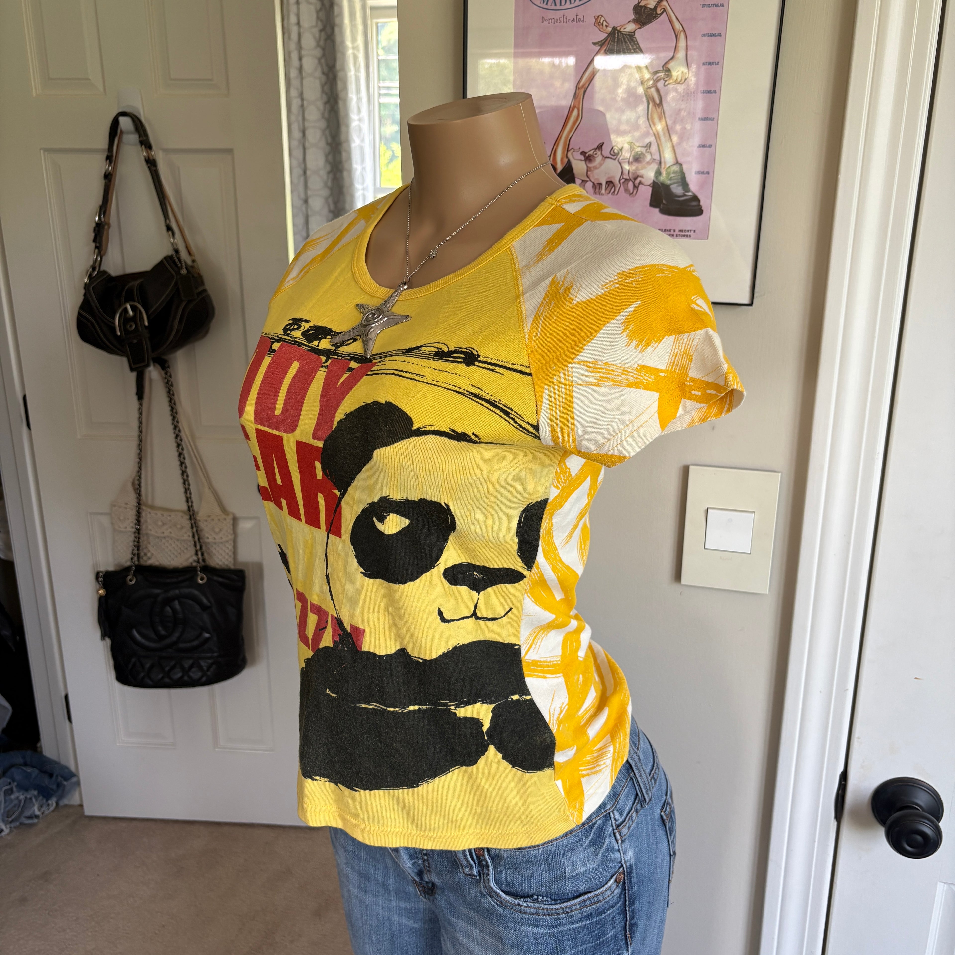 00s Custo Barcelona yellow panda teddy abstract t-shirt (size