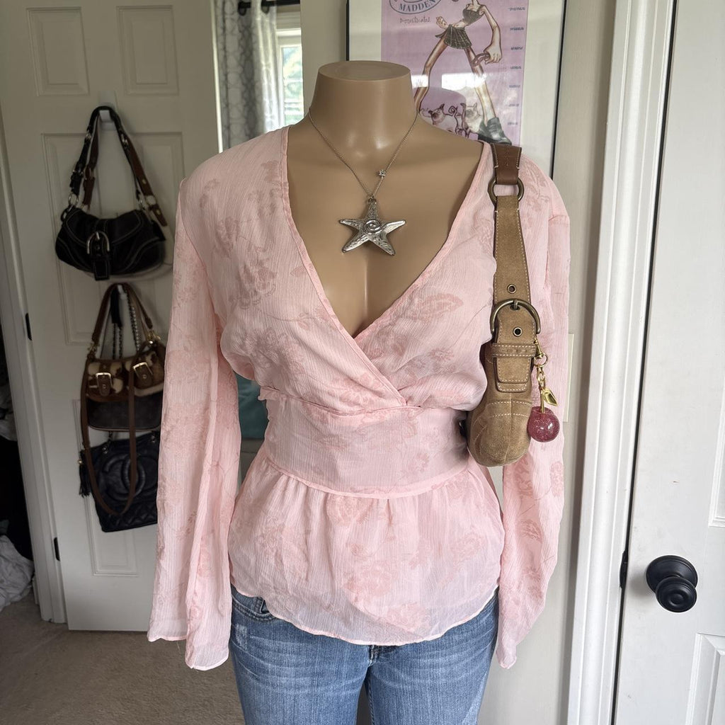 y2k 2000s pink floral sheer tie back long sleeve top