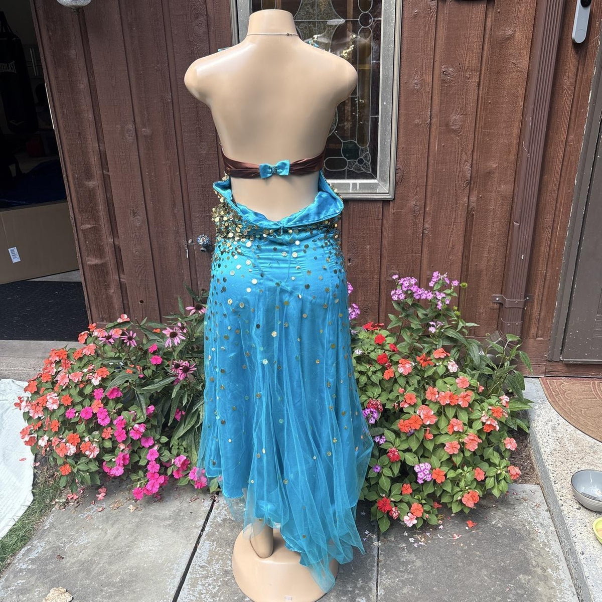 Y2K vintage Night Moves Turquoise Gold Sequin Cutout Maxi Prom Dress