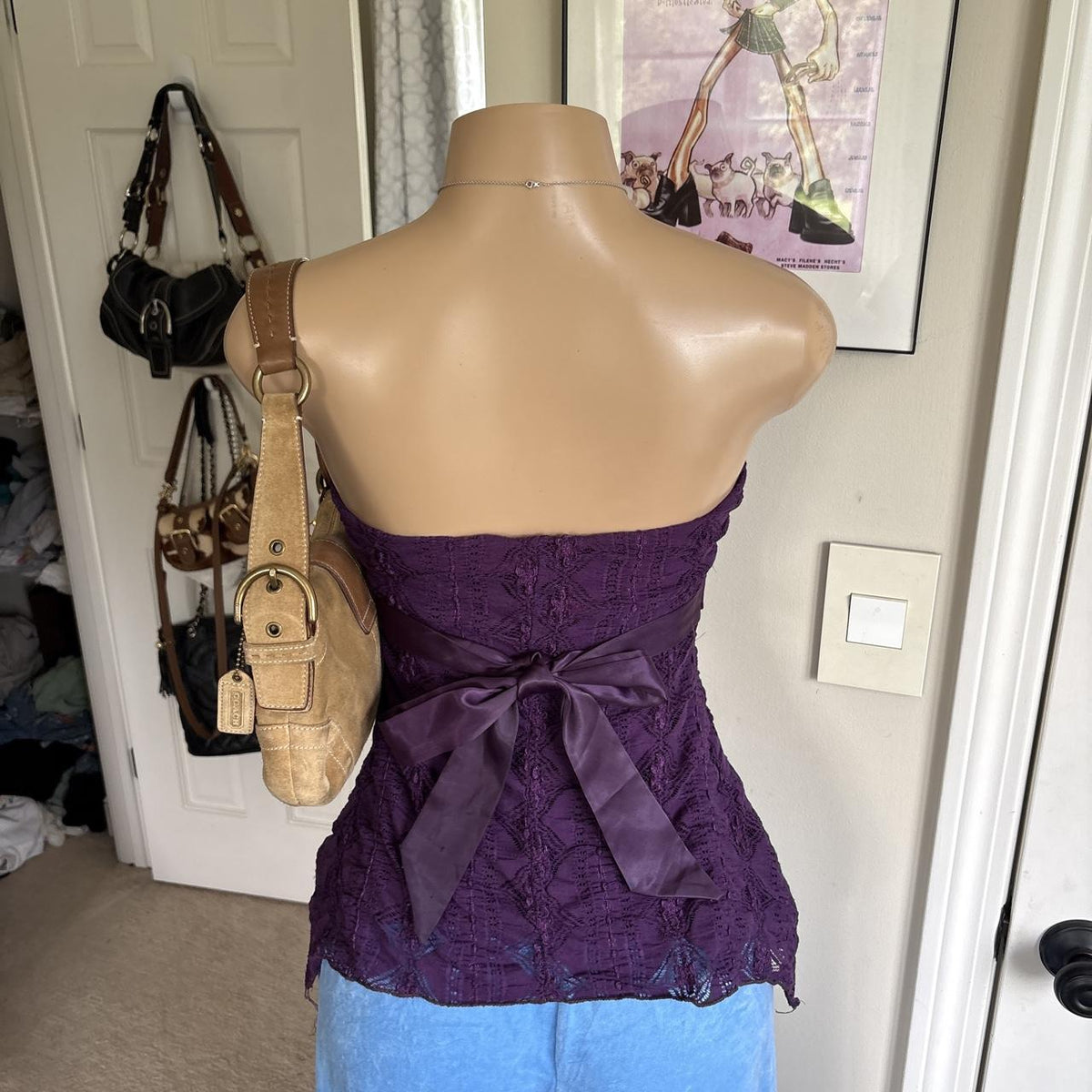 y2k 2000s fairy purple lace strapless babydoll tie back top