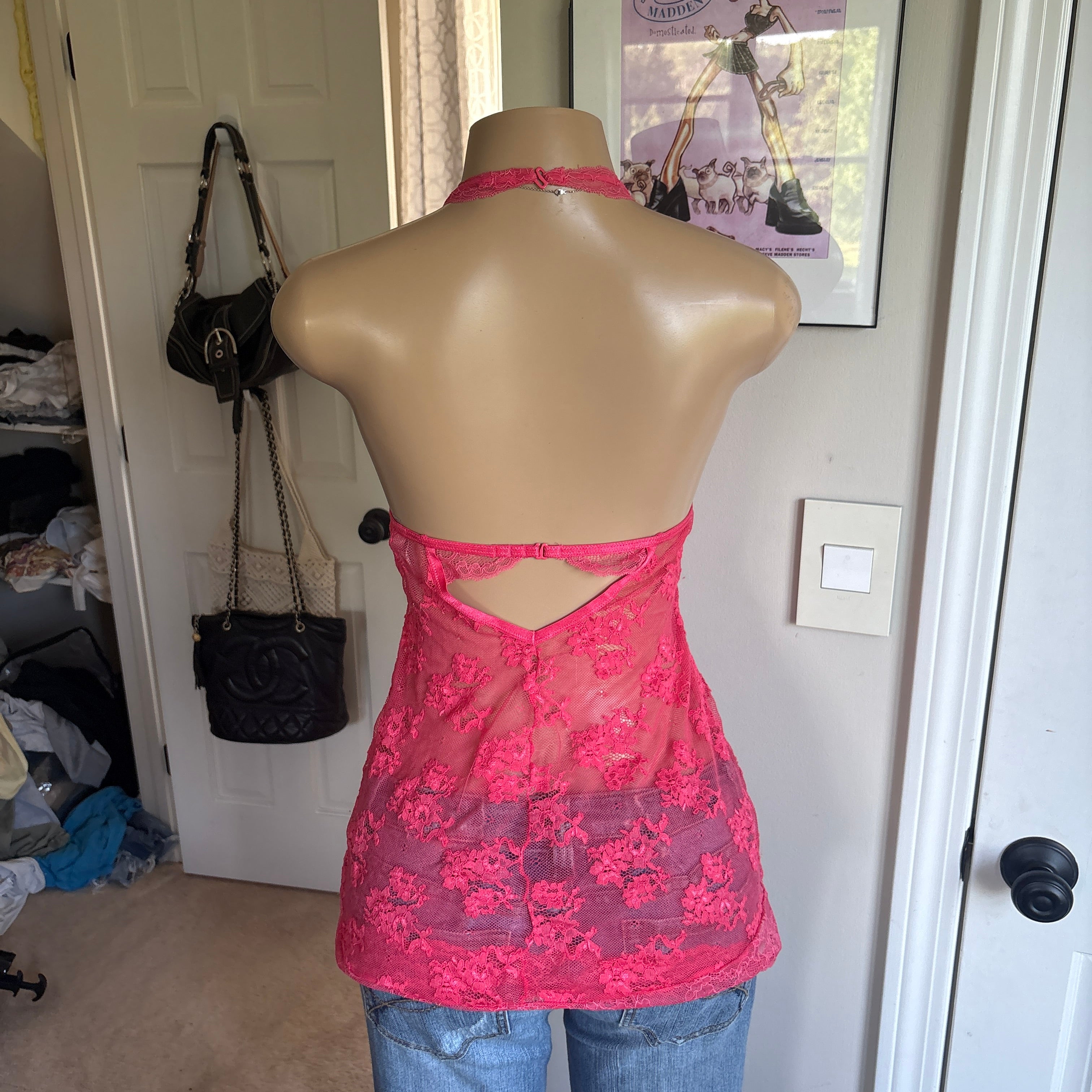 00s Victoria's Secret hot pink lace halter slip top (size M)