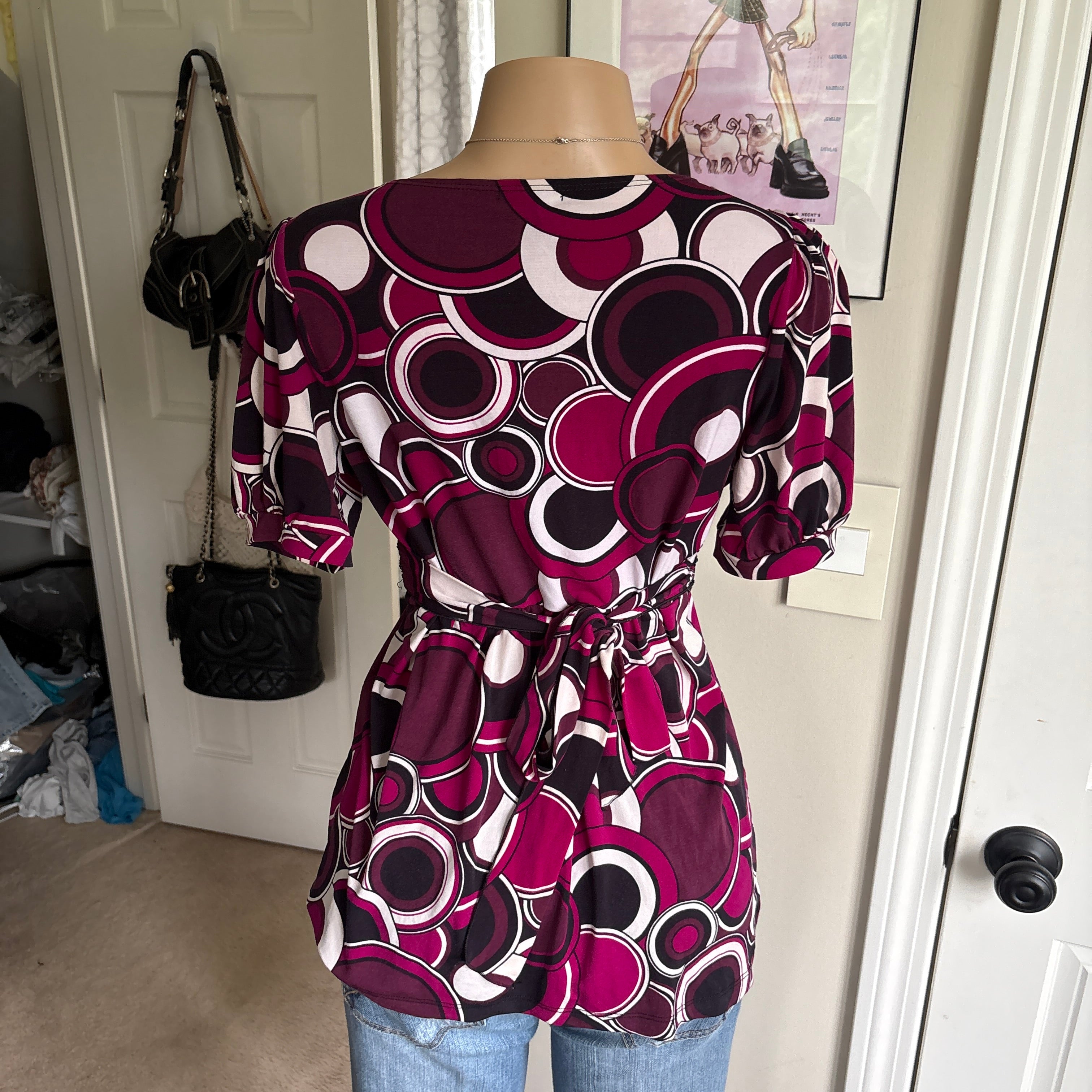 00s purple polka dot retro mod tie back top (size L)