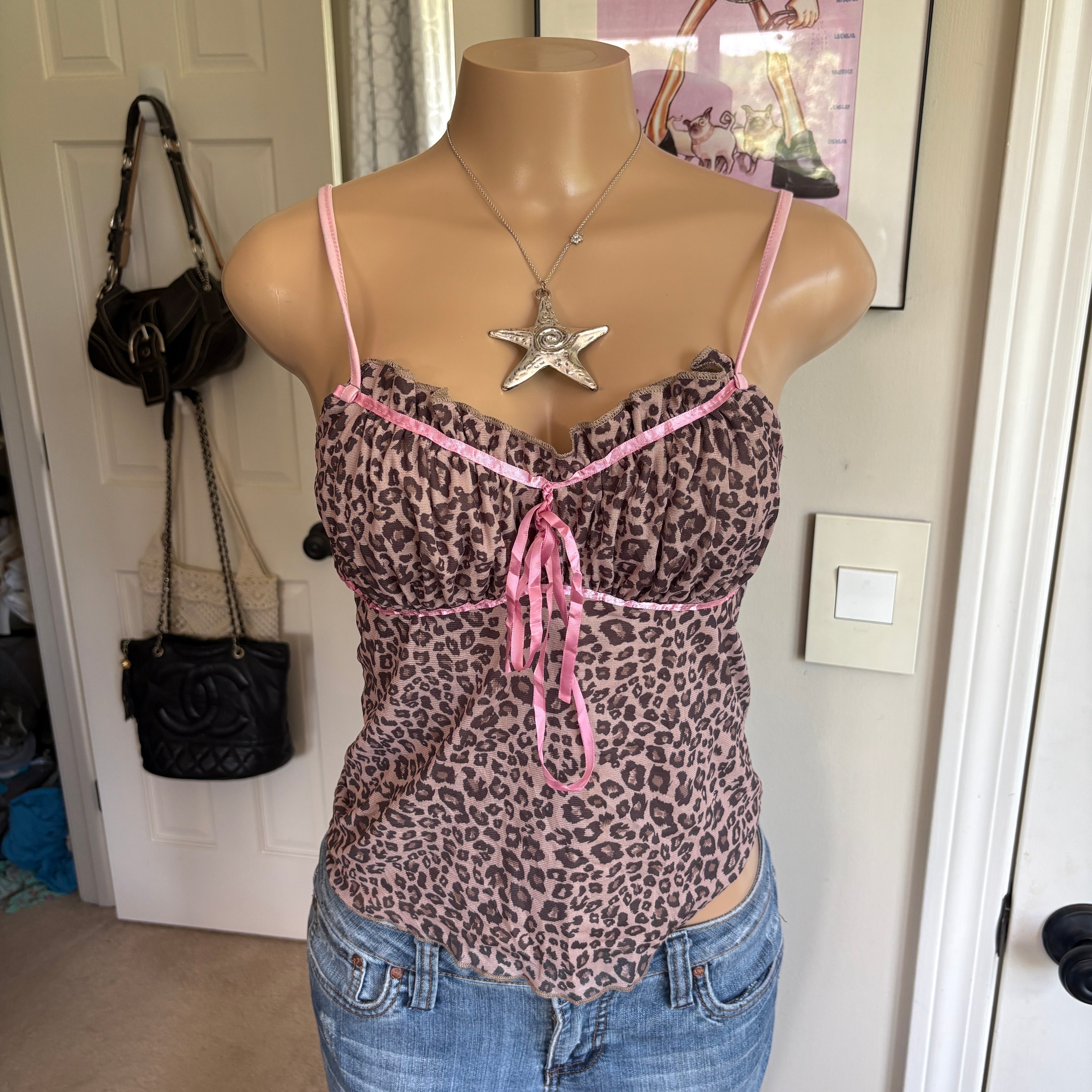 00s leopard & pink bow ribbon cami (size S/M)