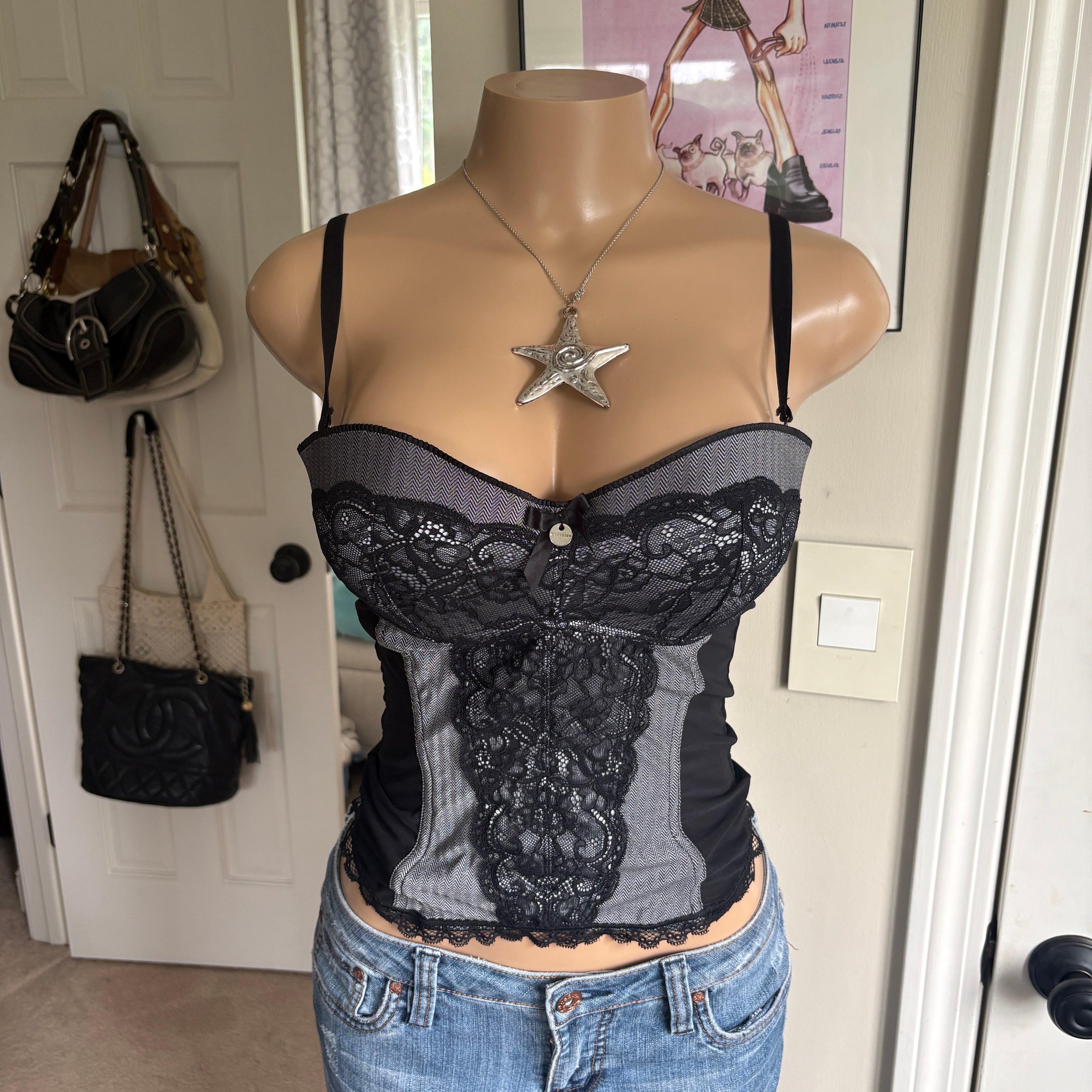 00s Censored black lace corset top (size 34C)