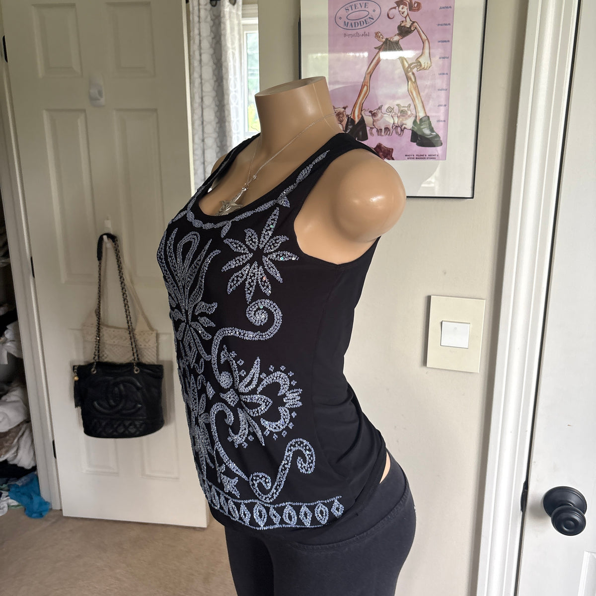 00s black & silver floral tank top (size L)
