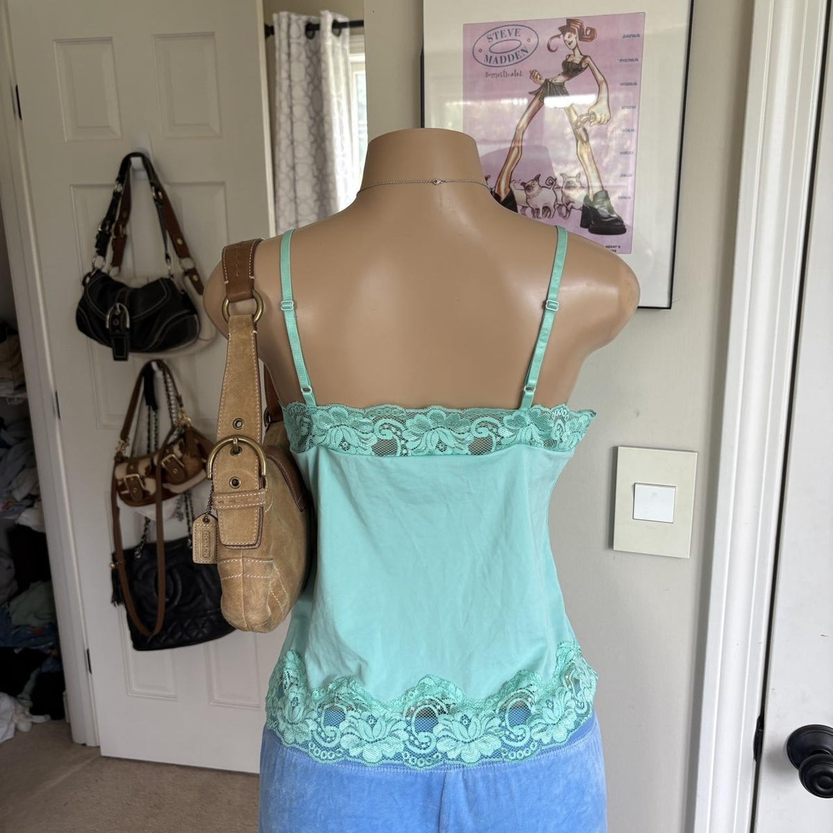 y2k 2000s Frederick’s of Hollywood aqua satin lace surplice cami tank top