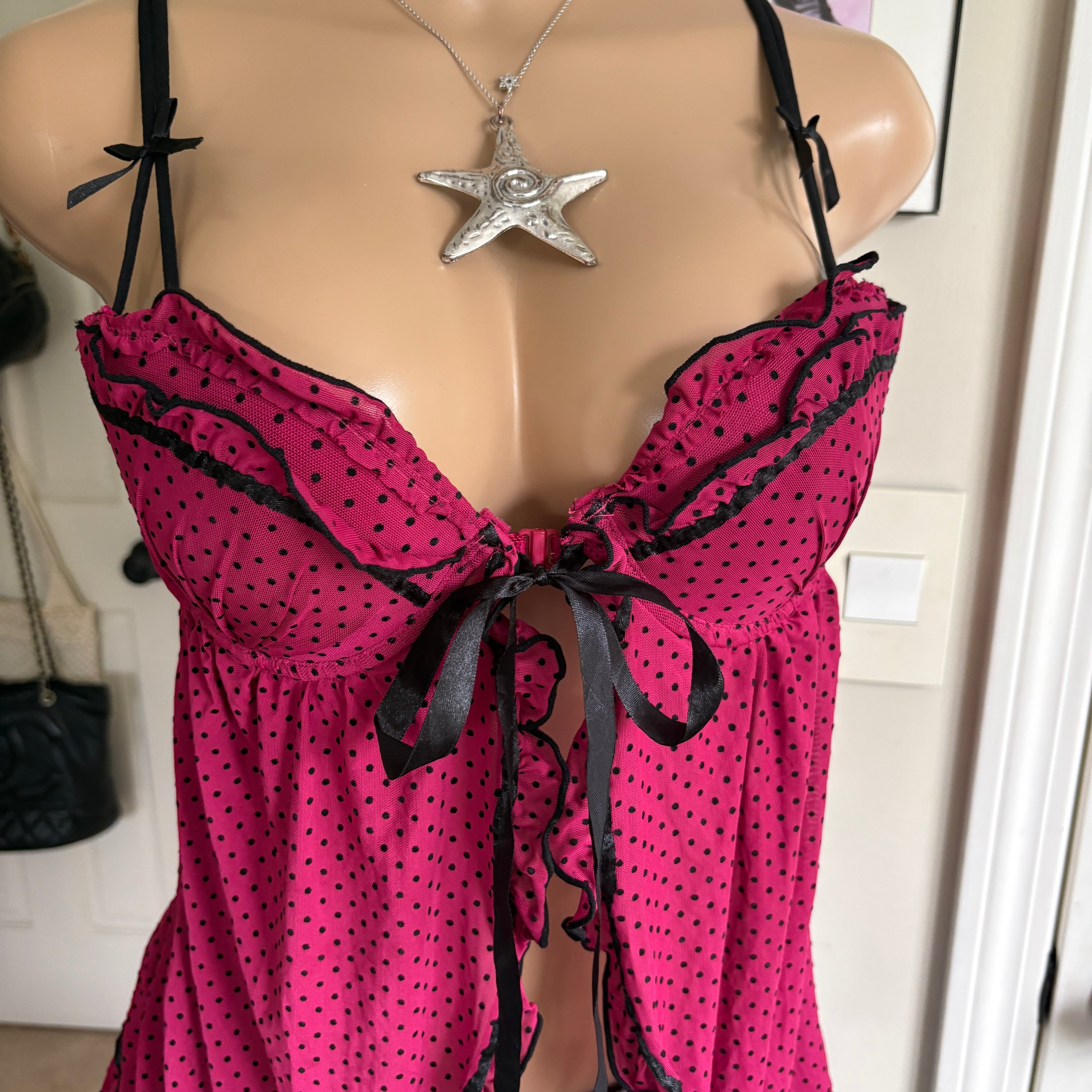 00s raspberry red polka dot babydoll cami (size L)