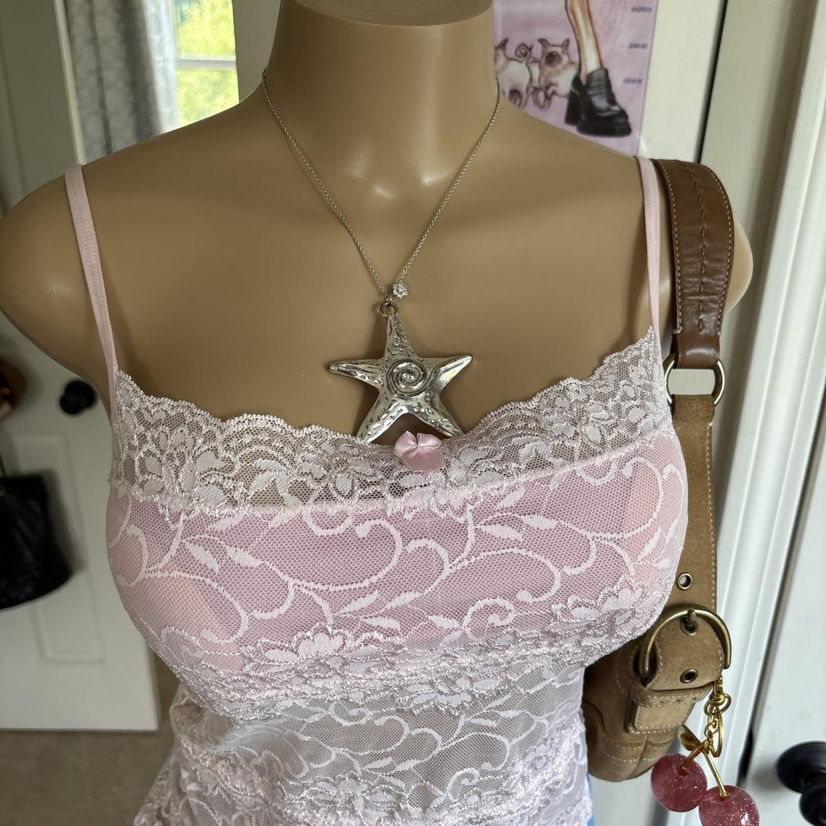 y2k 2000s pink sheer floral lace bow cami top