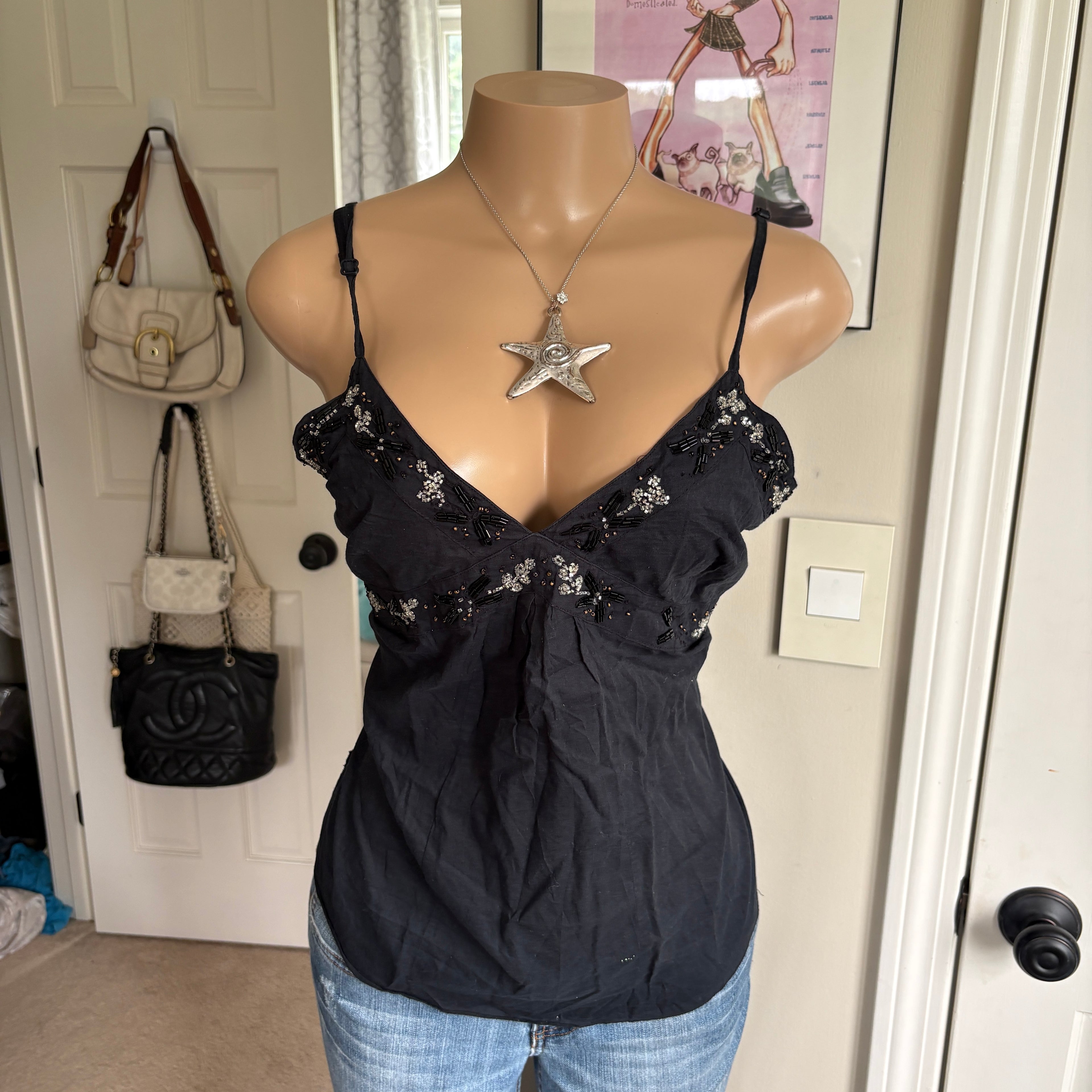 00s black floral beaded tank top (size L)