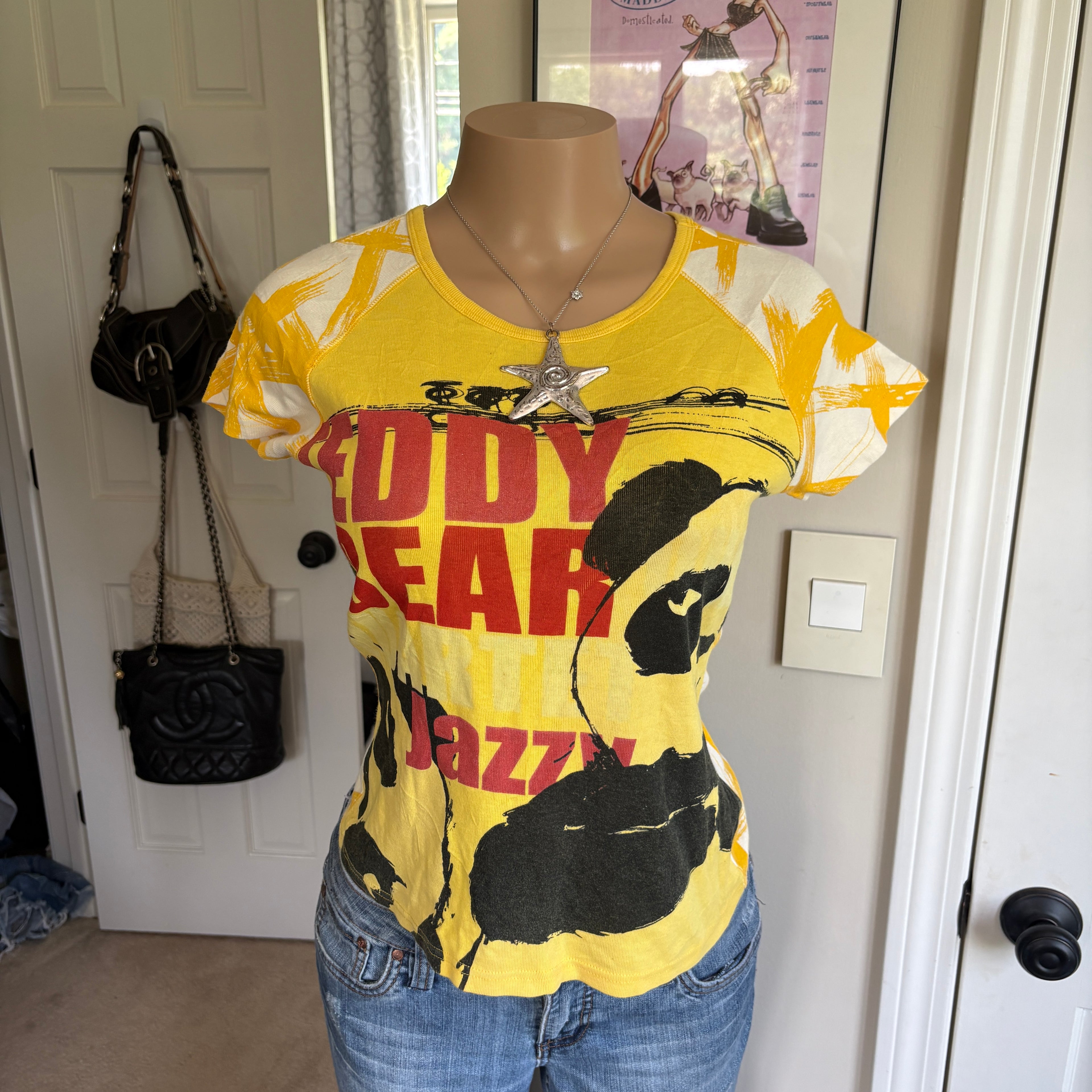 00s Custo Barcelona yellow panda teddy abstract t-shirt (size
