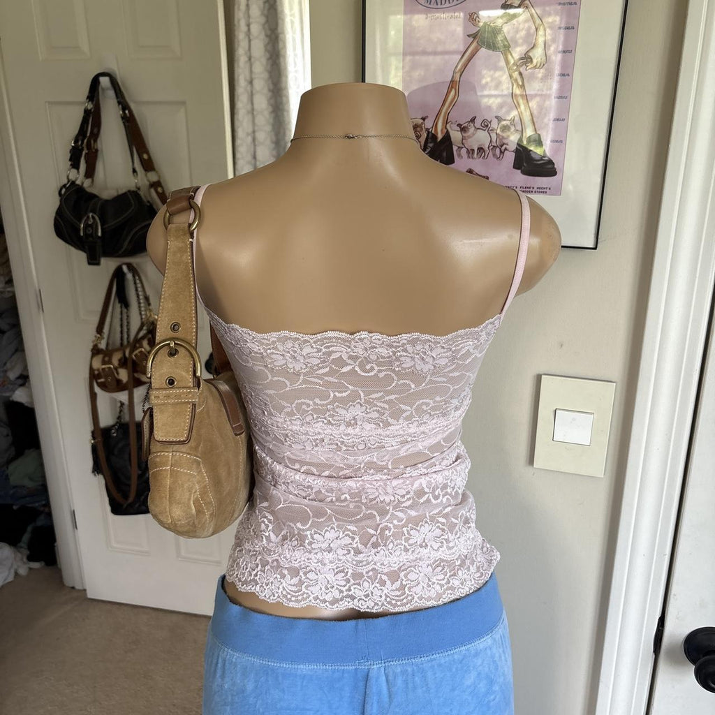 y2k 2000s pink sheer floral lace bow cami top