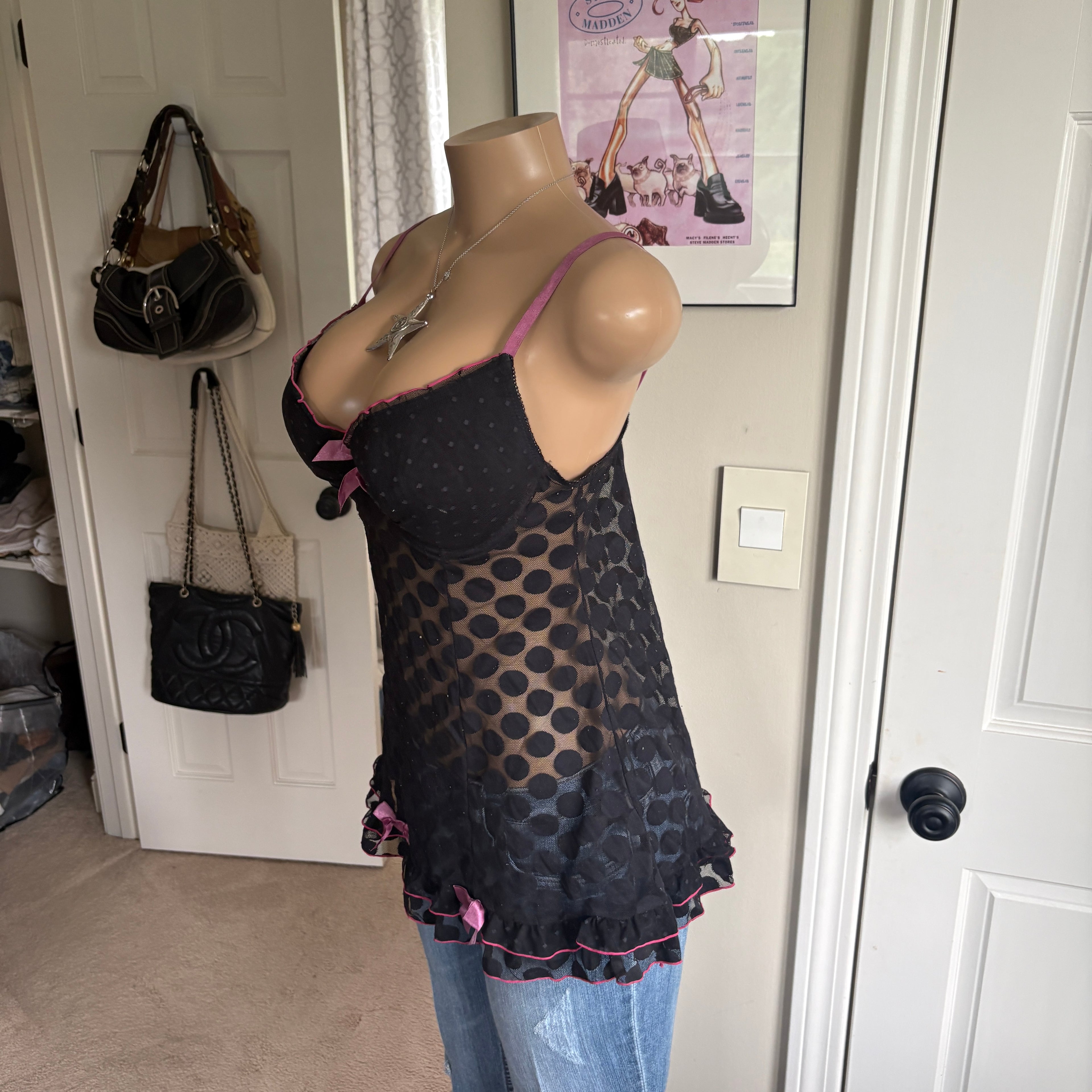 00s black & pink polka dot top (size L)