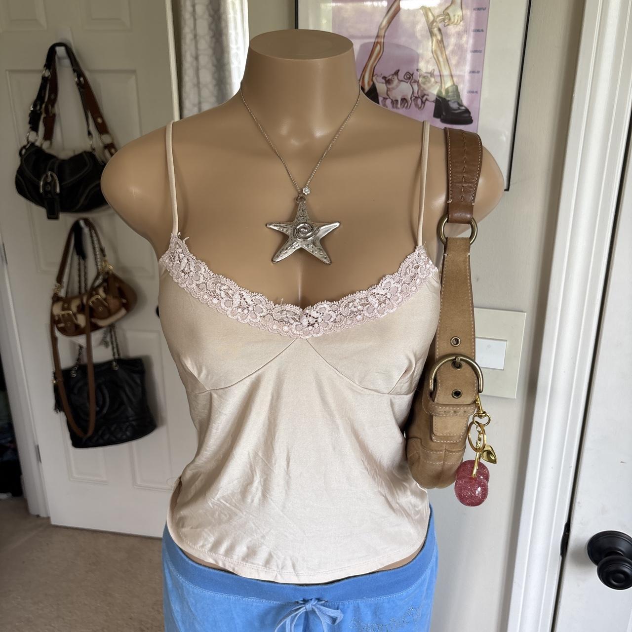 y2k 2000s champagne satin lace trim cami top