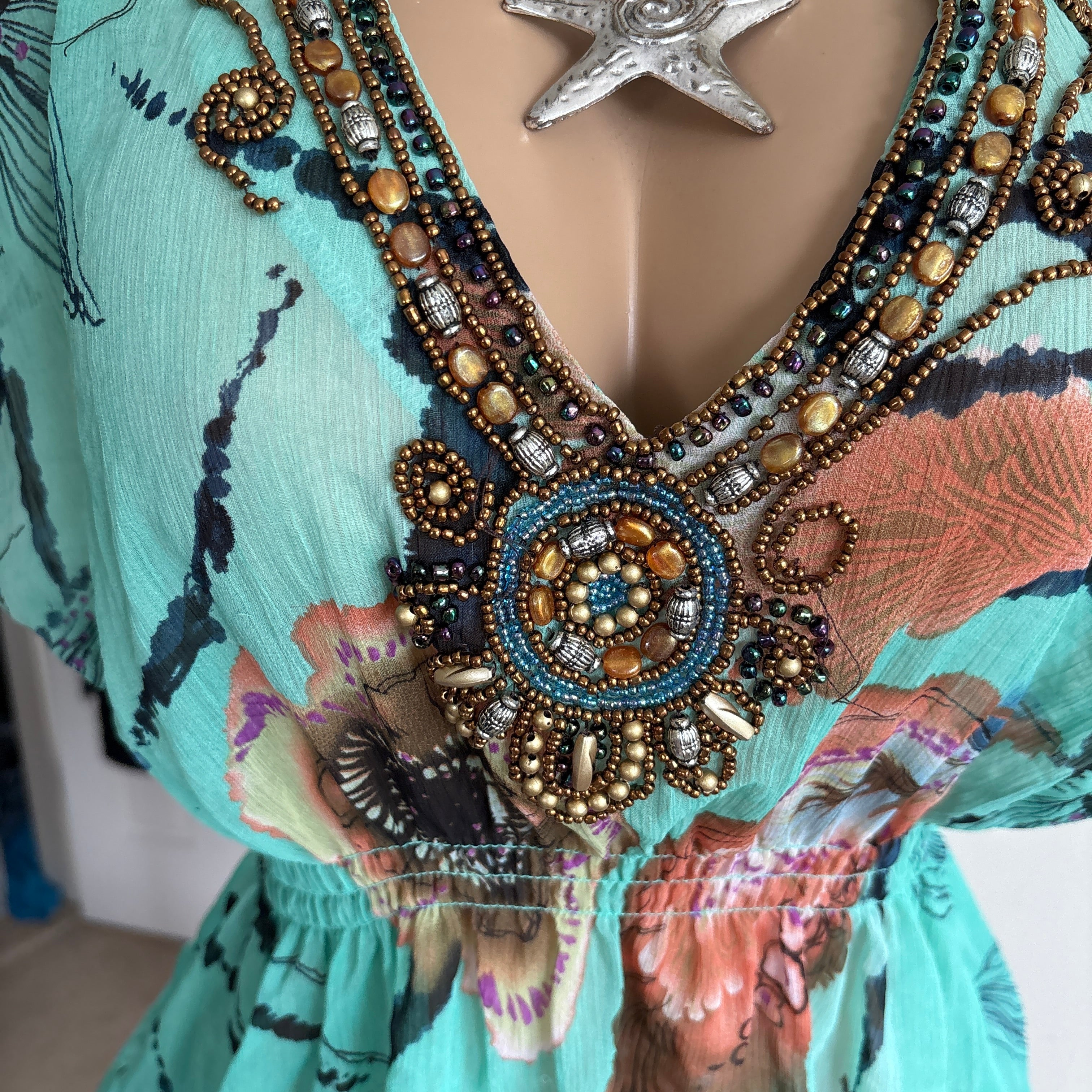 00s unique teal beaded floral short sleeve (size XL)