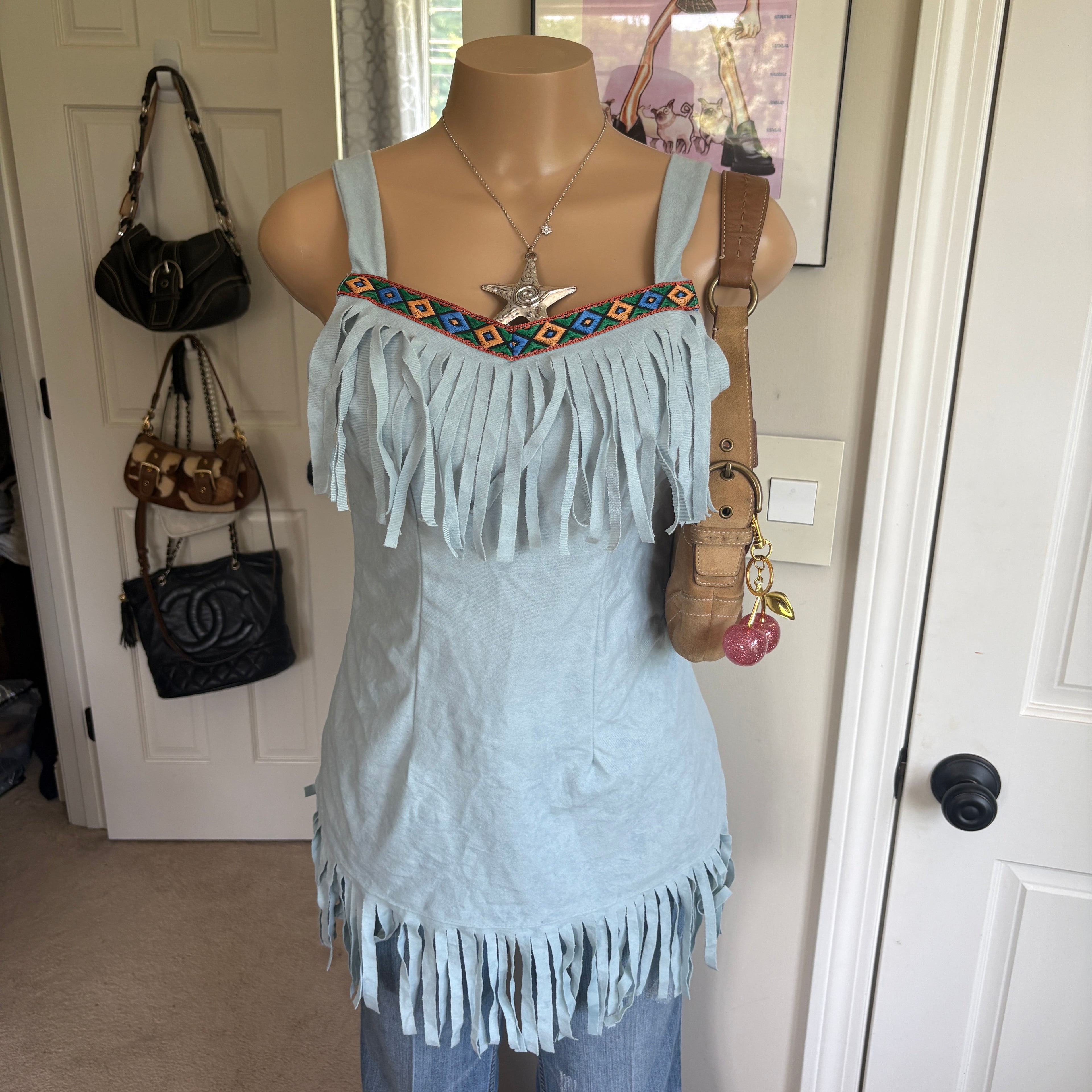 00s western baby blue fringe dress (size S)