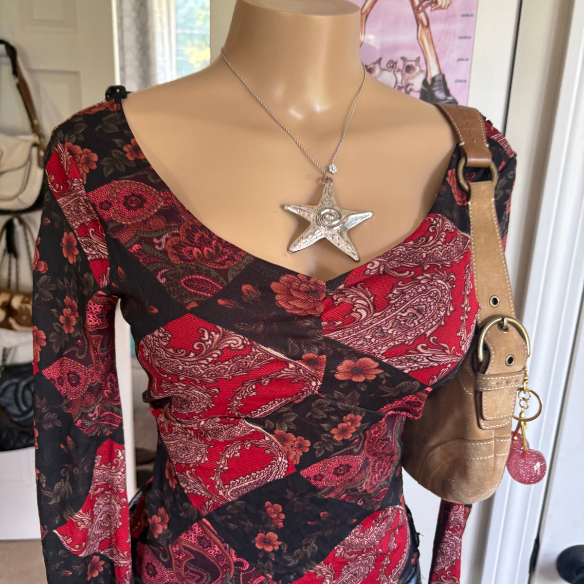 00s red floral tie back long sleeve (size S)