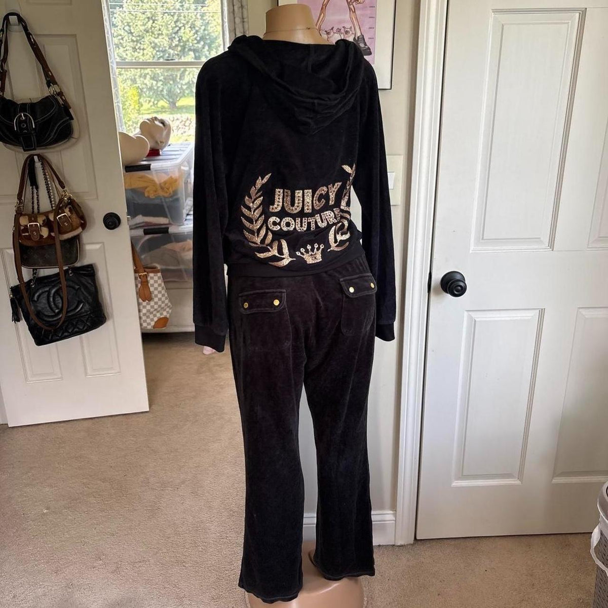 Y2K 2000s Juicy Couture Black Velour Rhinestone Tracksuit Set